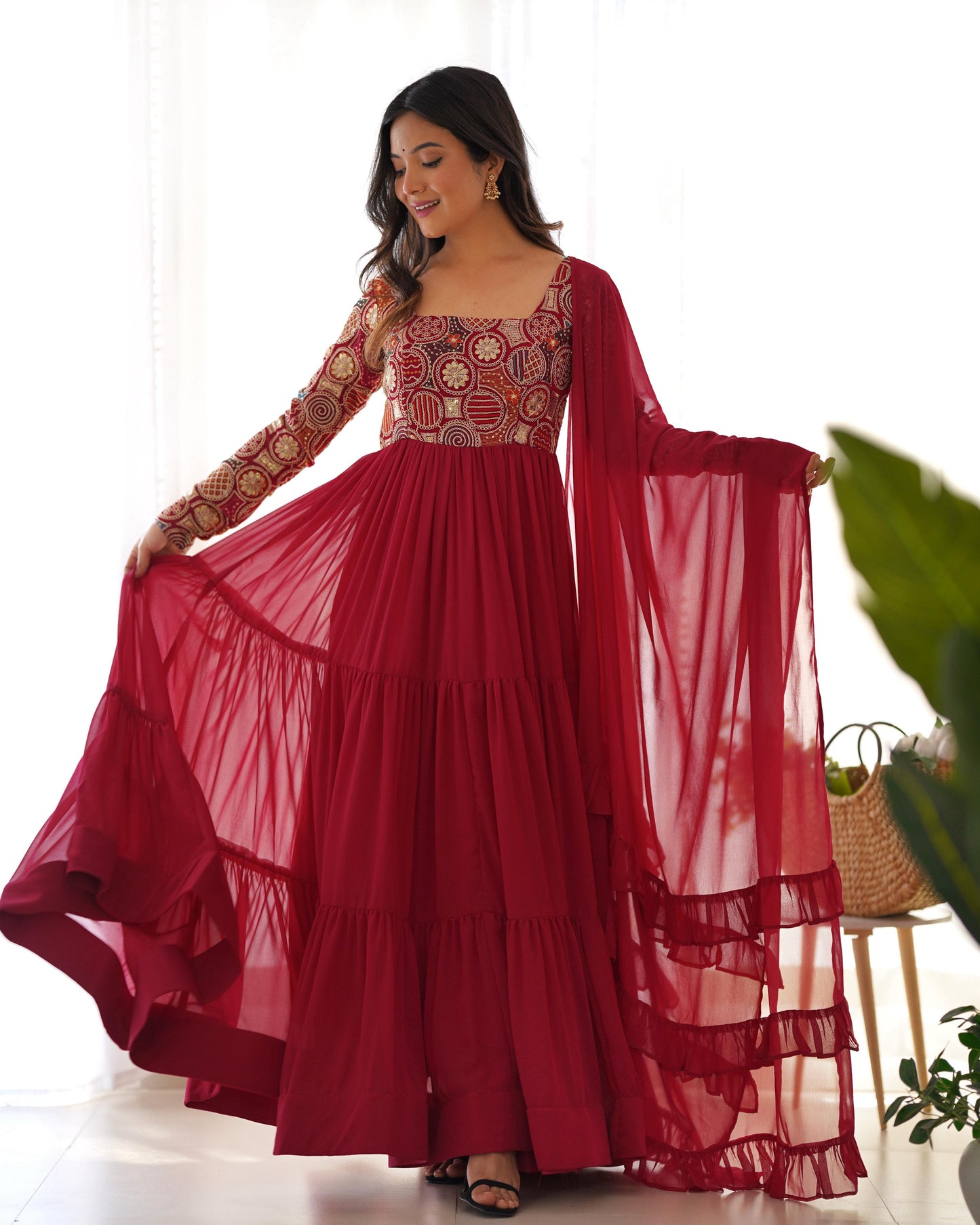 Wine Red Faux Georgette Heavy Flared Anarkali Gown with 9-Needle Embroidery, Ruffle Dupatta & Churidar Pants