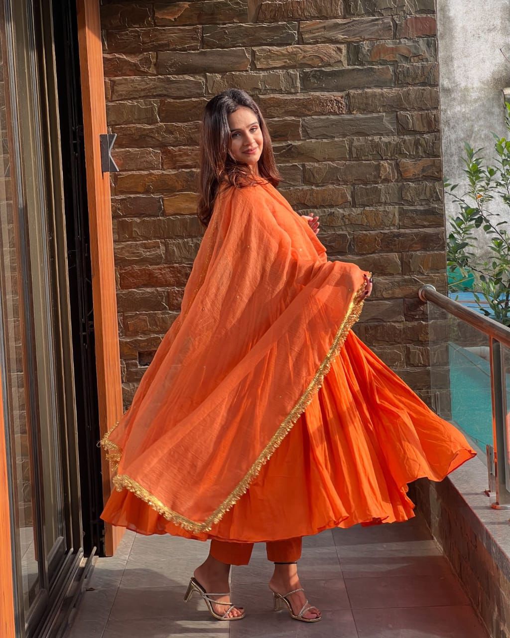 Sunset Orange Chinon Silk Anarkali Set – Flared Wedding & Farewell Suite