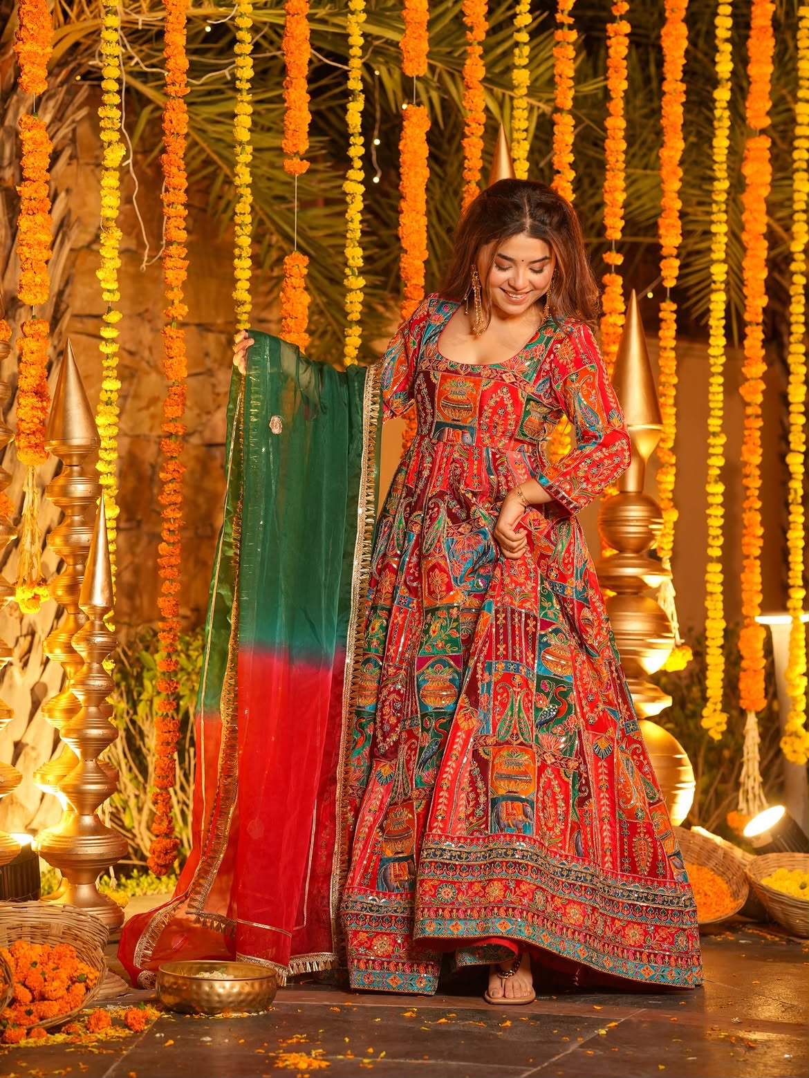 Women's Pure Crepe Embroidered Gown Set | Multicolor Designer Anarkali Dress with Pant & Dupatta | Wedding, Navratri, Garba & Party Wear