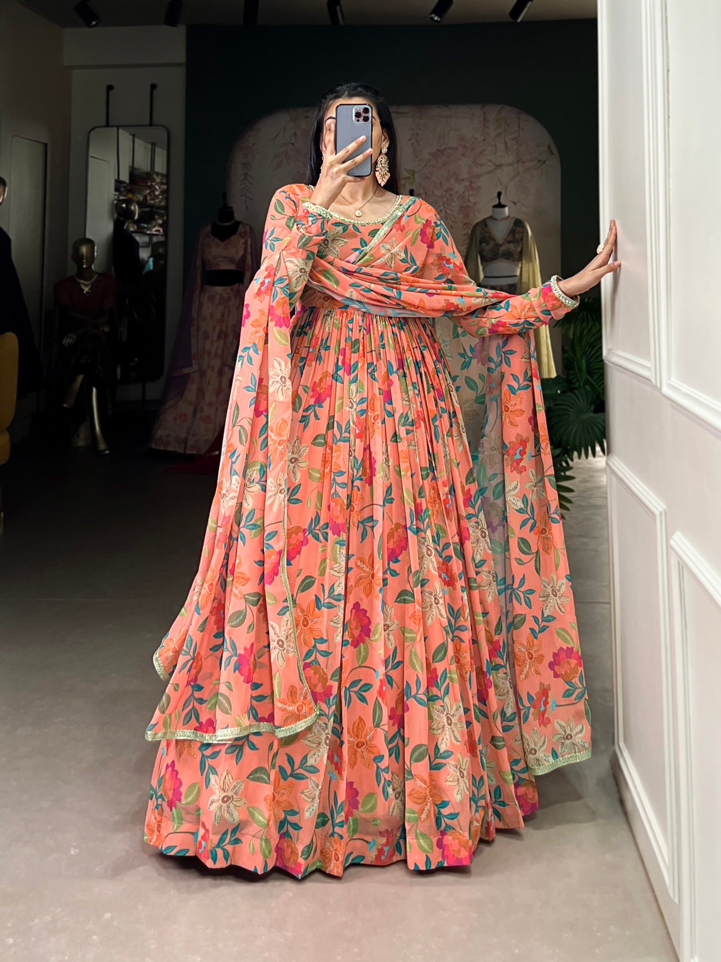 Ravishing Georgette Floral Printed Lace Worked Gown With Dupatta