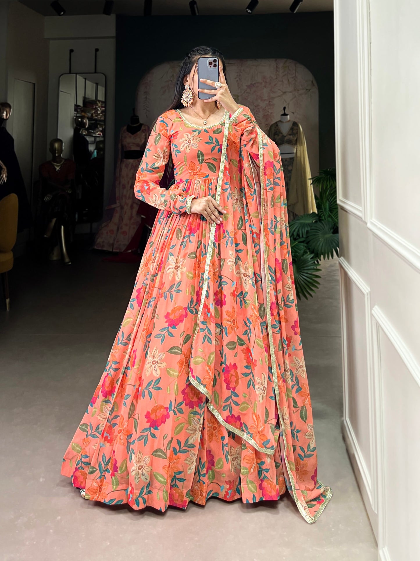 Ravishing Georgette Floral Printed Lace Worked Gown With Dupatta