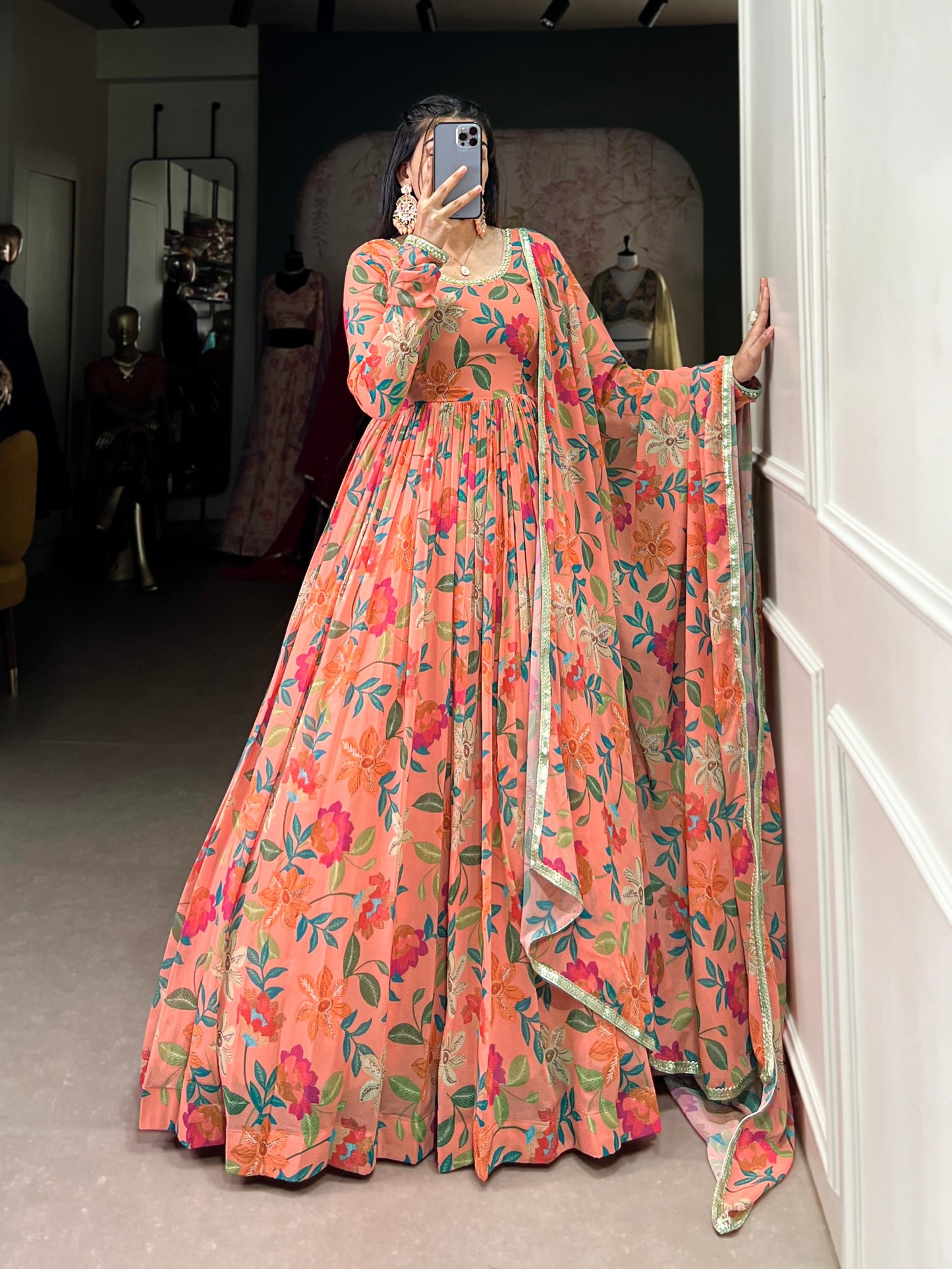 Ravishing Georgette Floral Printed Lace Worked Gown With Dupatta