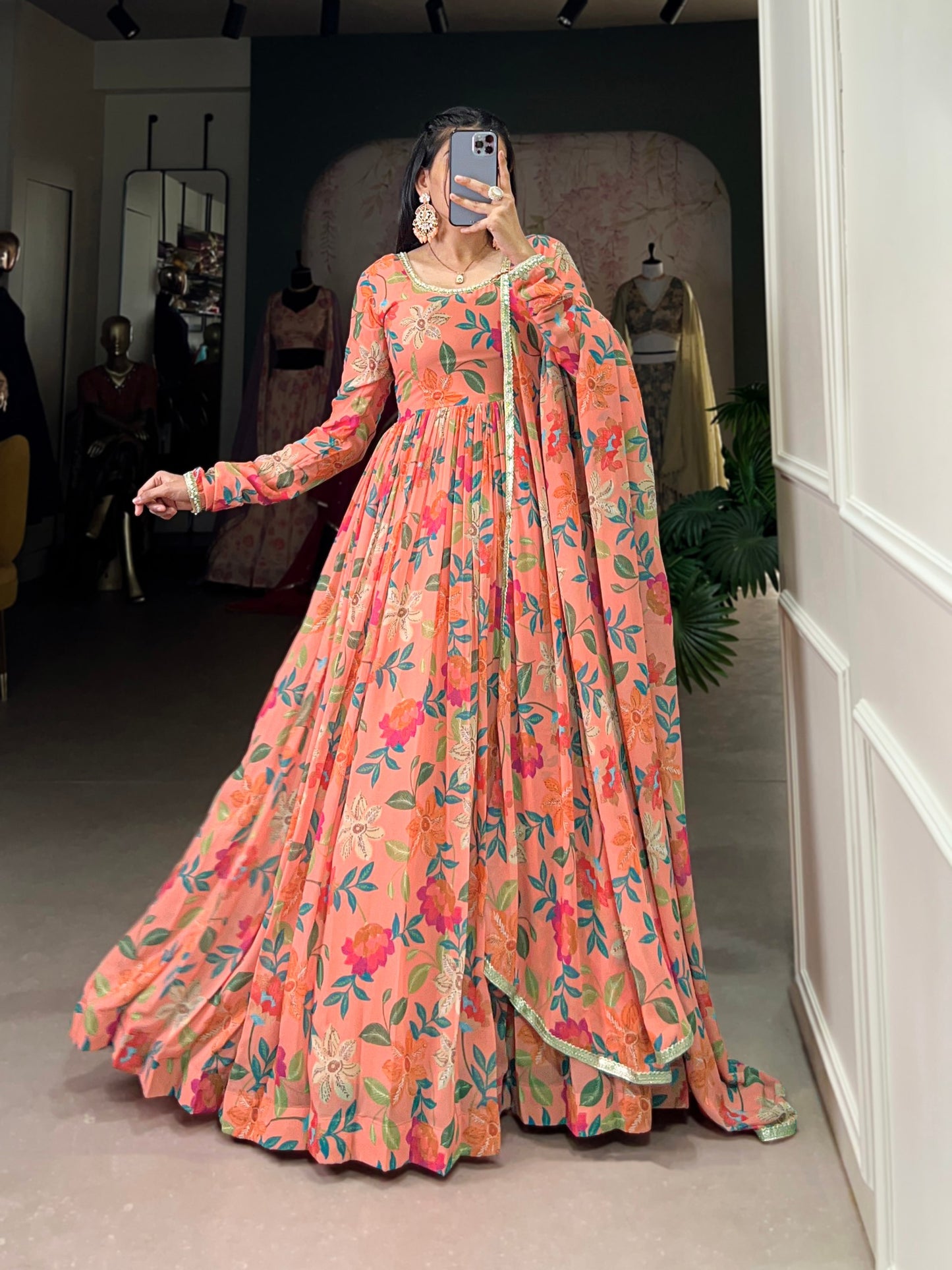 Ravishing Georgette Floral Printed Lace Worked Gown With Dupatta
