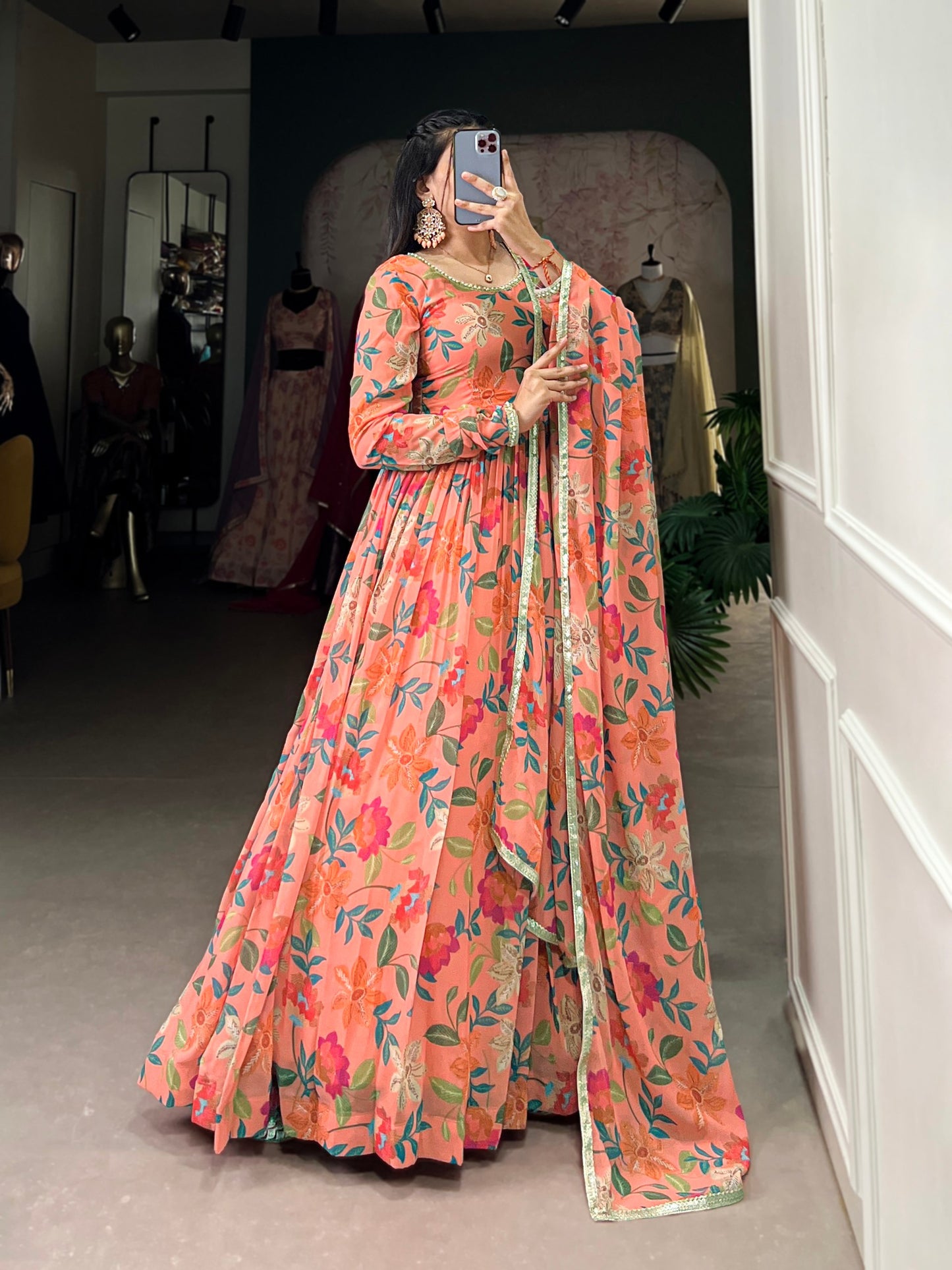 Ravishing Georgette Floral Printed Lace Worked Gown With Dupatta