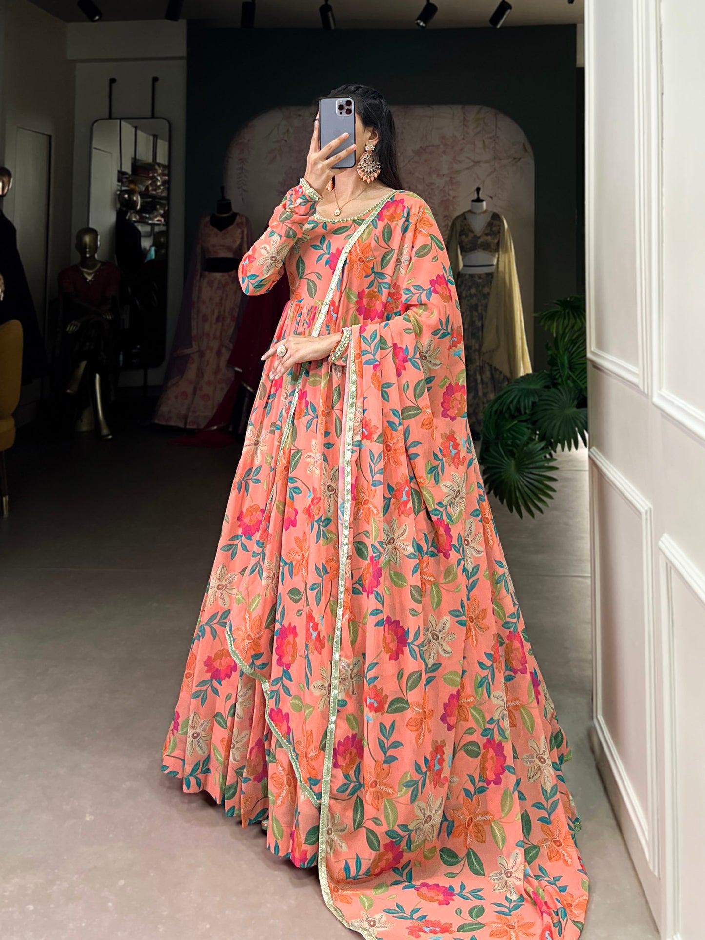 Ravishing Georgette Floral Printed Lace Worked Gown With Dupatta