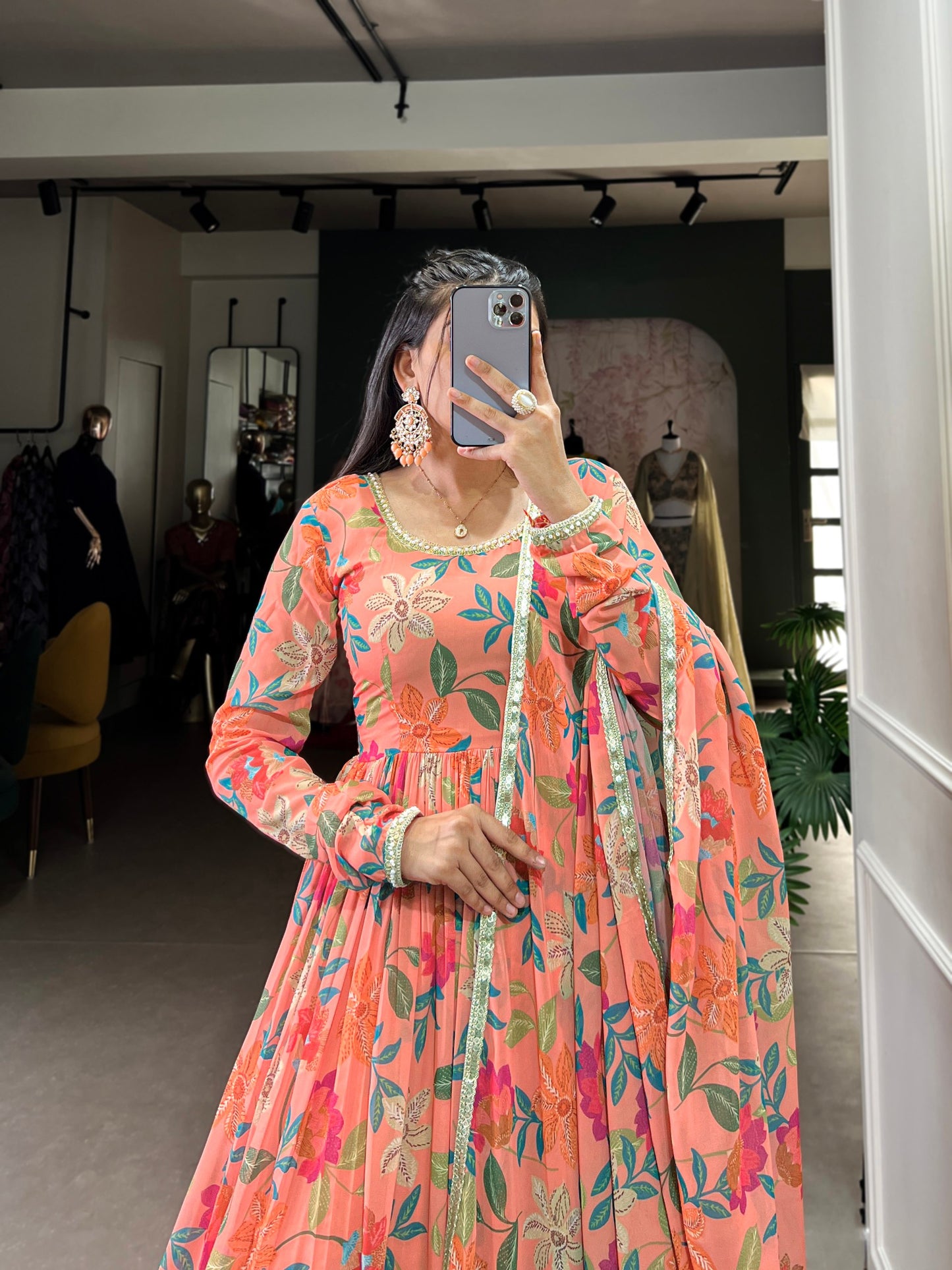 Ravishing Georgette Floral Printed Lace Worked Gown With Dupatta