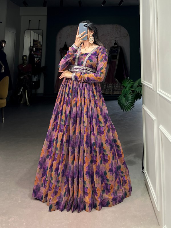 Fabulous Georgette Floral Printed Lace Border Worked Gown