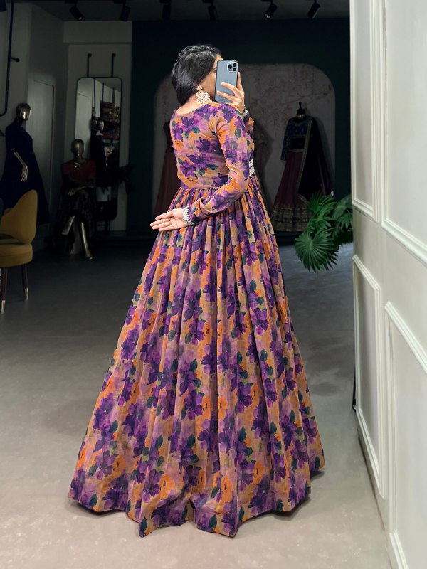 Fabulous Georgette Floral Printed Lace Border Worked Gown