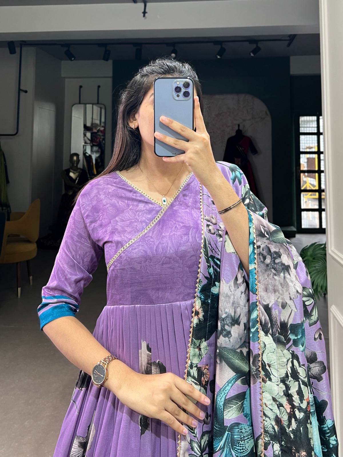 Exquisite Lavender Floral Printed Lace Worked Tussar Silk Gown - INDIAN ELEGANCE