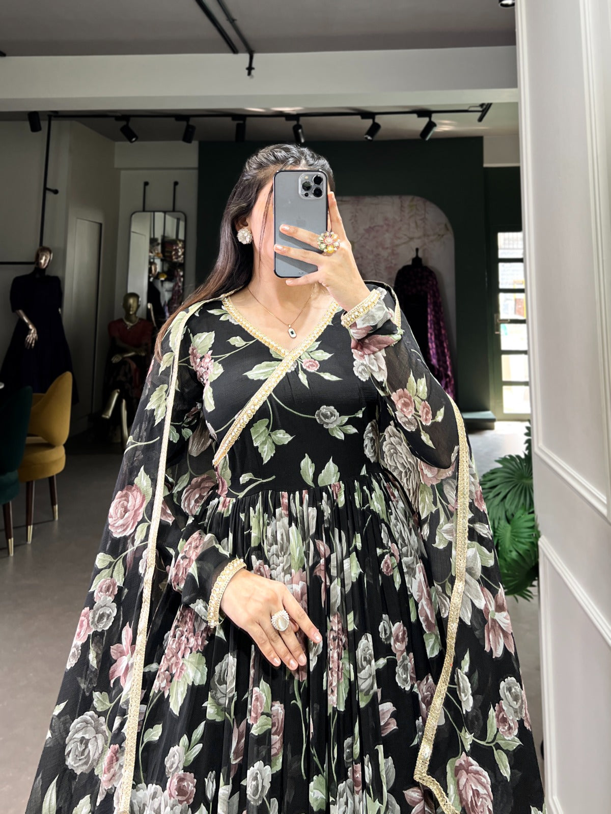 Graceful Floral Printed Lace Worked Stitched Gown With Dupatta - INDIAN ELEGANCE