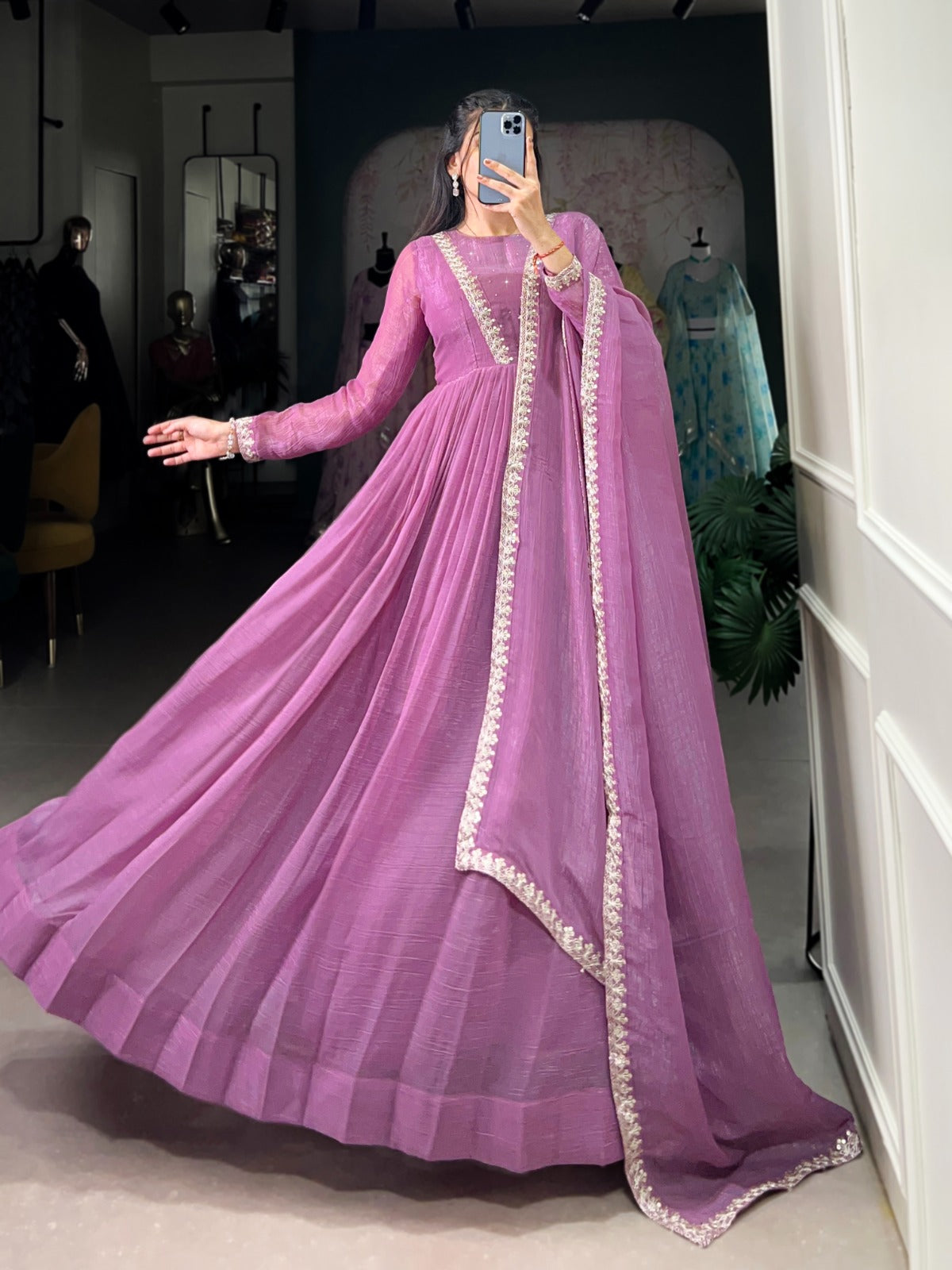 Magnificent Silver Glory Sequins Thread Worked Gown With Dupatta