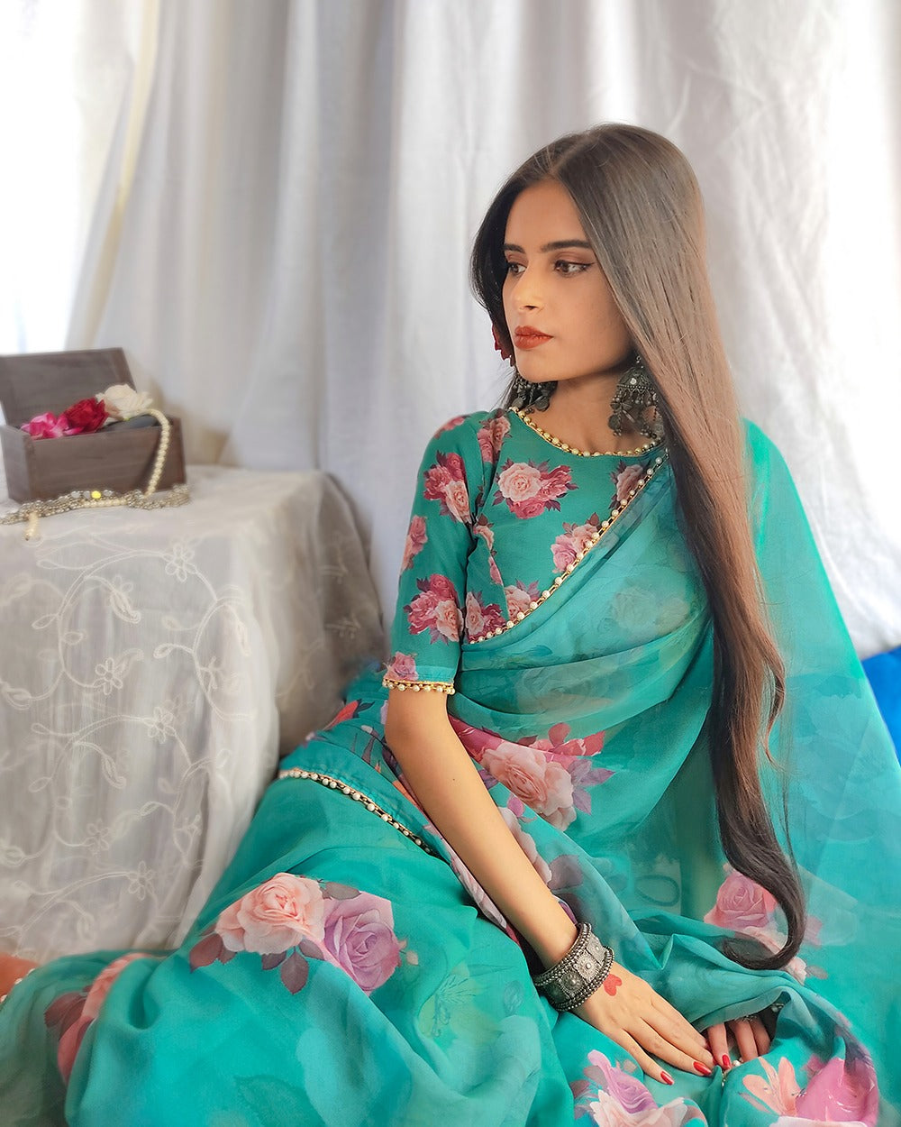 Stunning Georgette Floral Printed Pearl Lace Border Worked Saree - INDIAN ELEGANCE