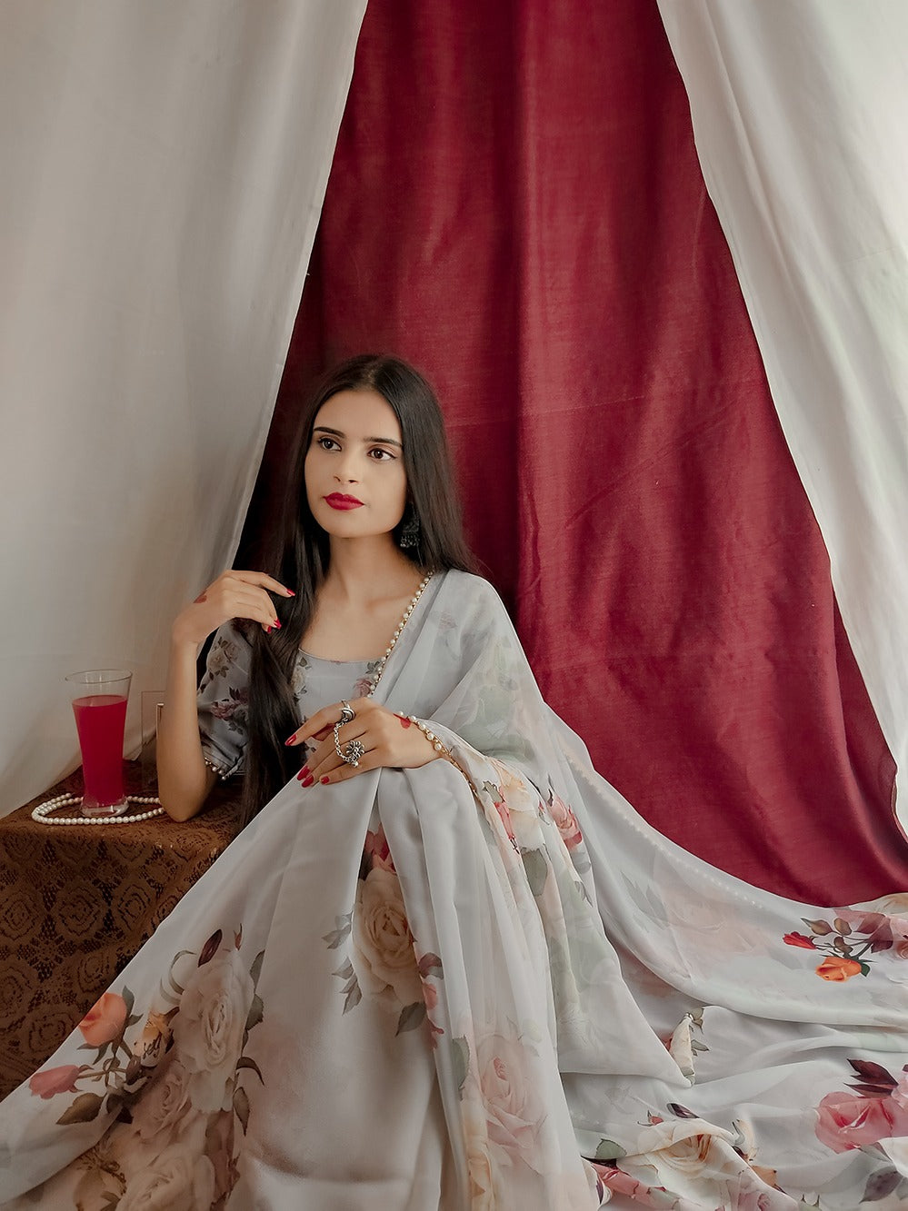 Stunning Georgette Floral Printed Pearl Lace Border Worked Saree - INDIAN ELEGANCE
