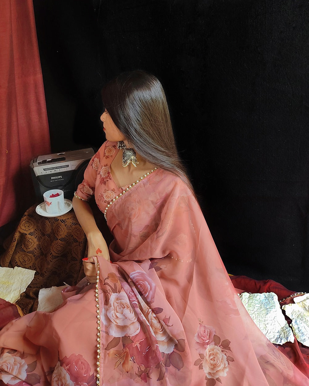 Stunning Georgette Floral Printed Pearl Lace Border Worked Saree - INDIAN ELEGANCE