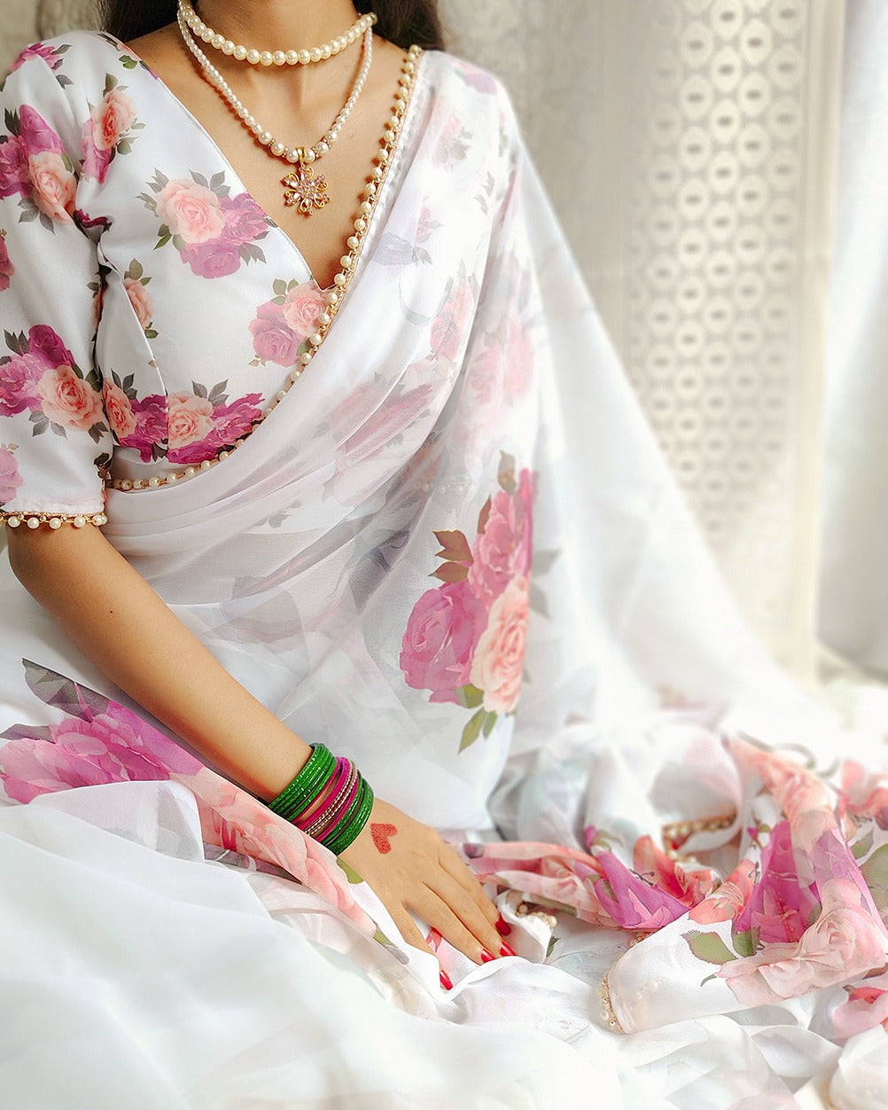 Stunning Georgette Floral Printed Pearl Lace Border Worked Saree - INDIAN ELEGANCE