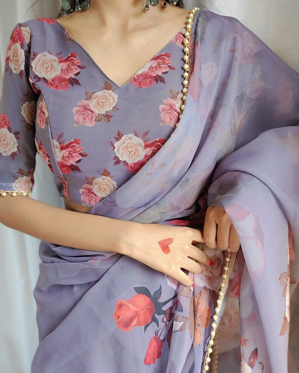 Stunning Georgette Floral Printed Pearl Lace Border Worked Saree - INDIAN ELEGANCE