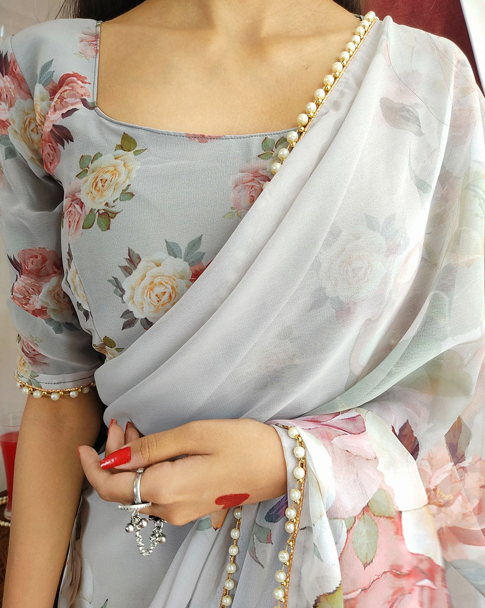 Stunning Georgette Floral Printed Pearl Lace Border Worked Saree - INDIAN ELEGANCE