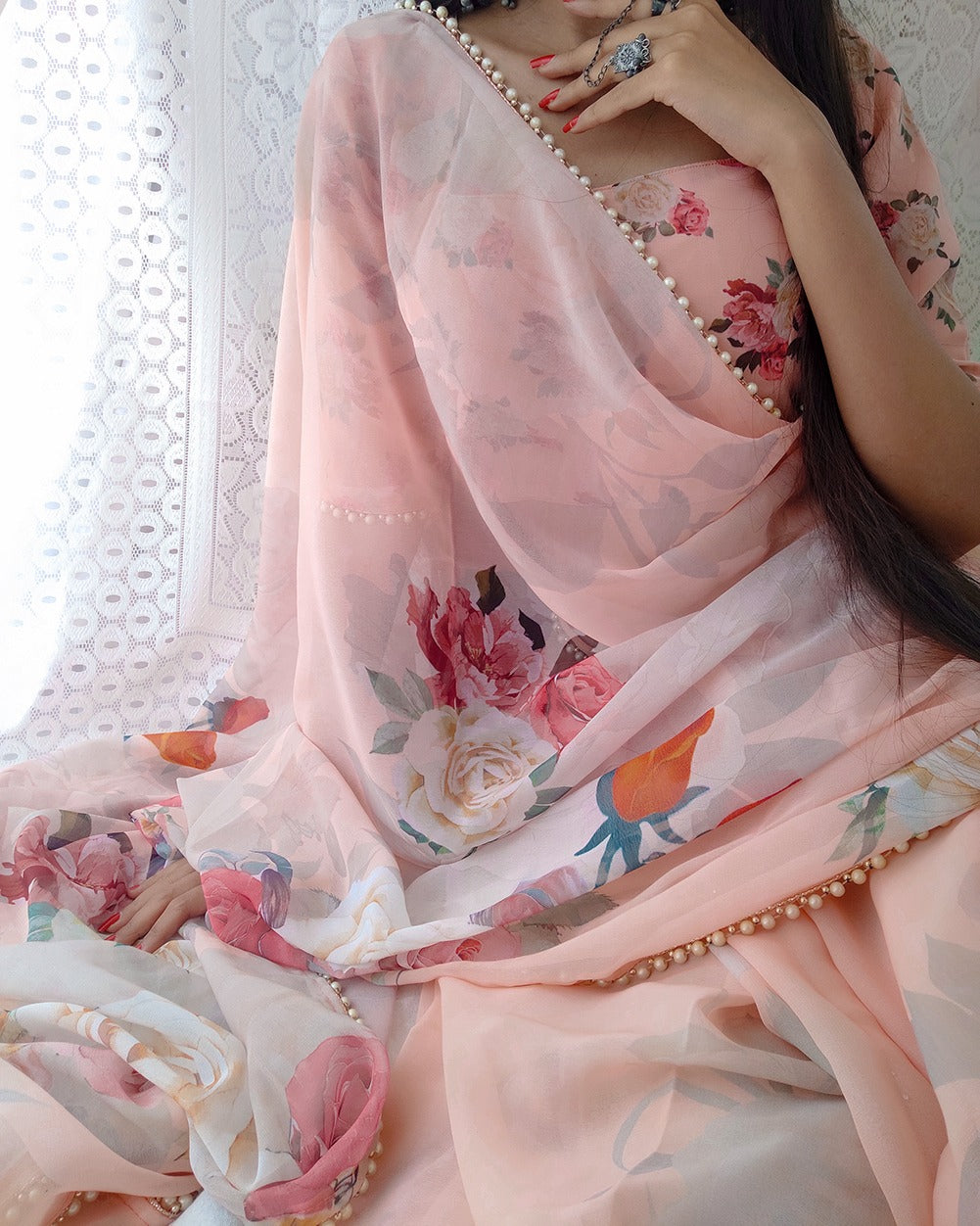Stunning Georgette Floral Printed Pearl Lace Border Worked Saree - INDIAN ELEGANCE