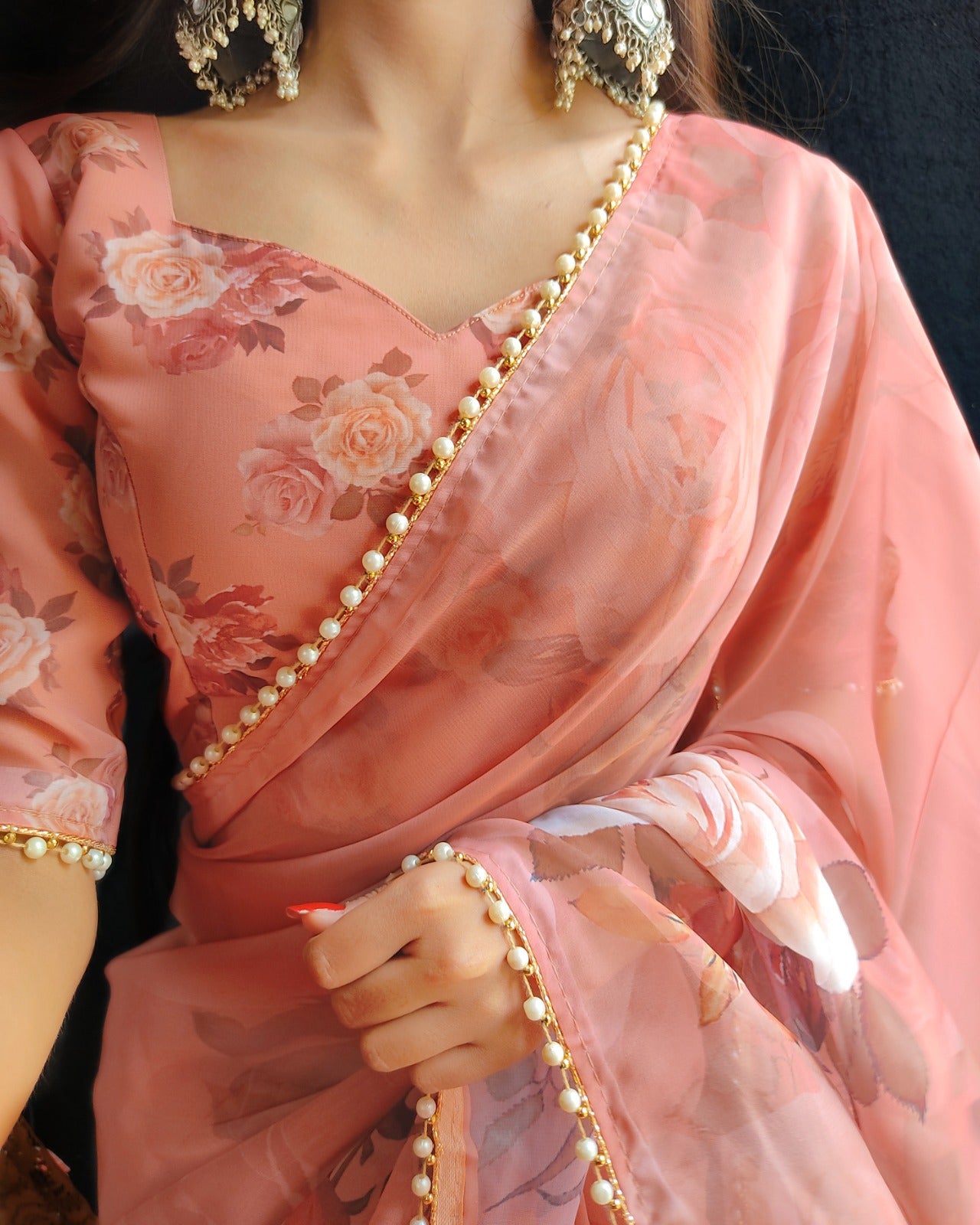 Stunning Georgette Floral Printed Pearl Lace Border Worked Saree - INDIAN ELEGANCE