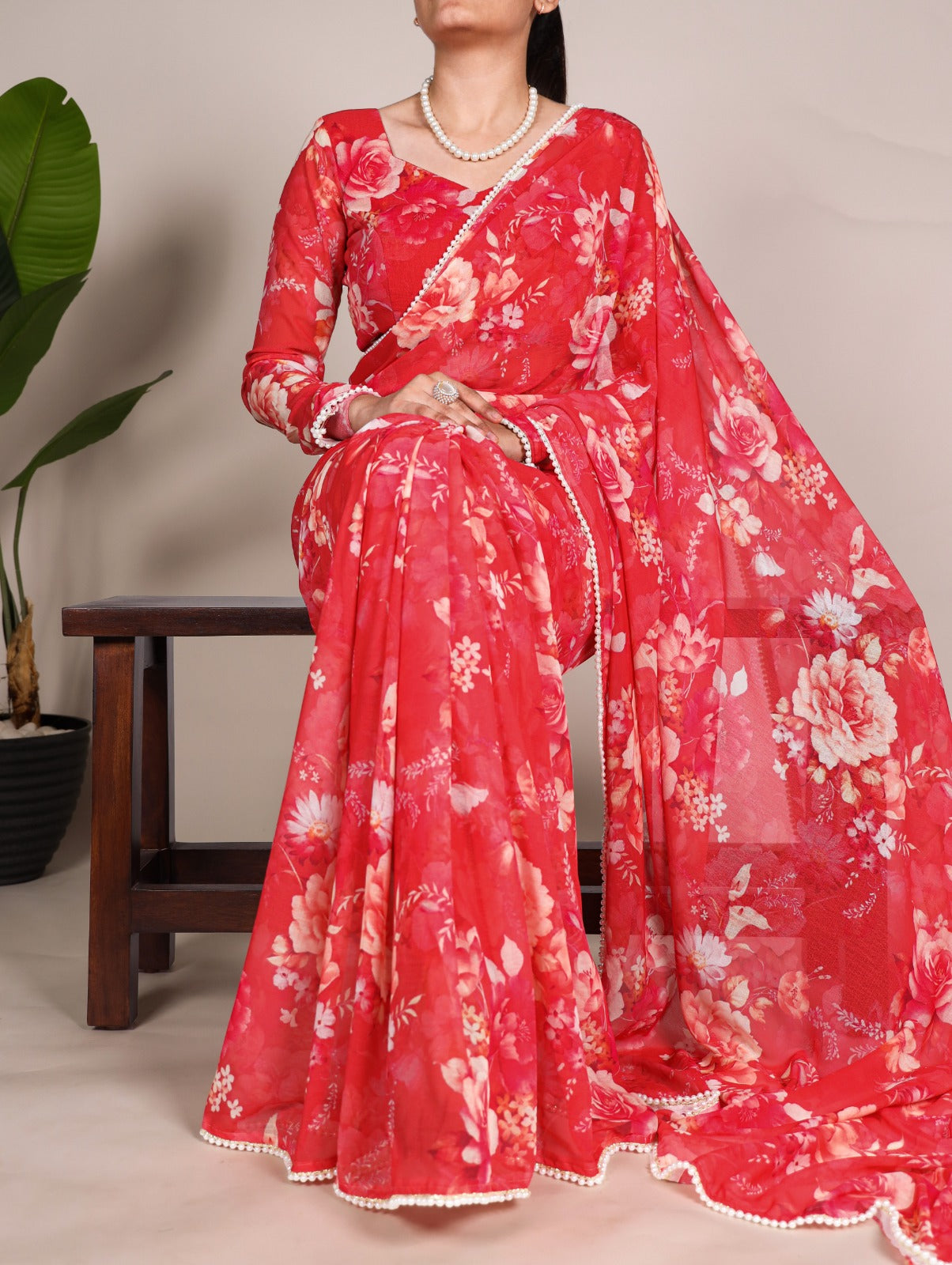 Radiant Georgette Floral Digital Printed Pearl Lace Worked Saree - INDIAN ELEGANCE