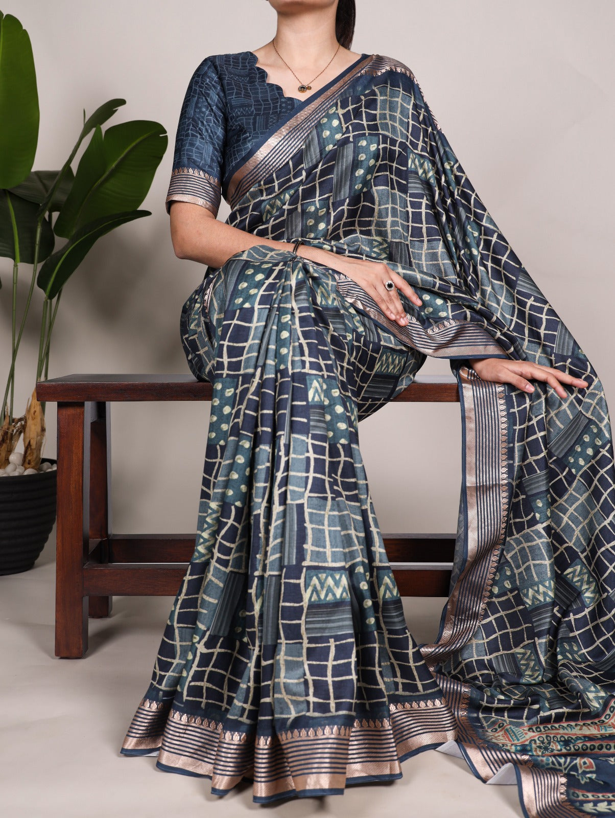 Luminous Navy Blue Tussar Silk Viscose Border Worked Printed Saree - INDIAN ELEGANCE