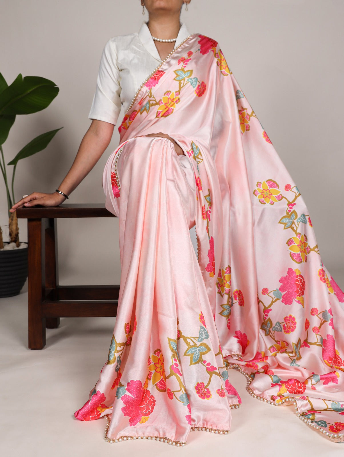 Stylish Light Pink Satin Silk Floral Printed Pearl Lace Border Saree - INDIAN ELEGANCE