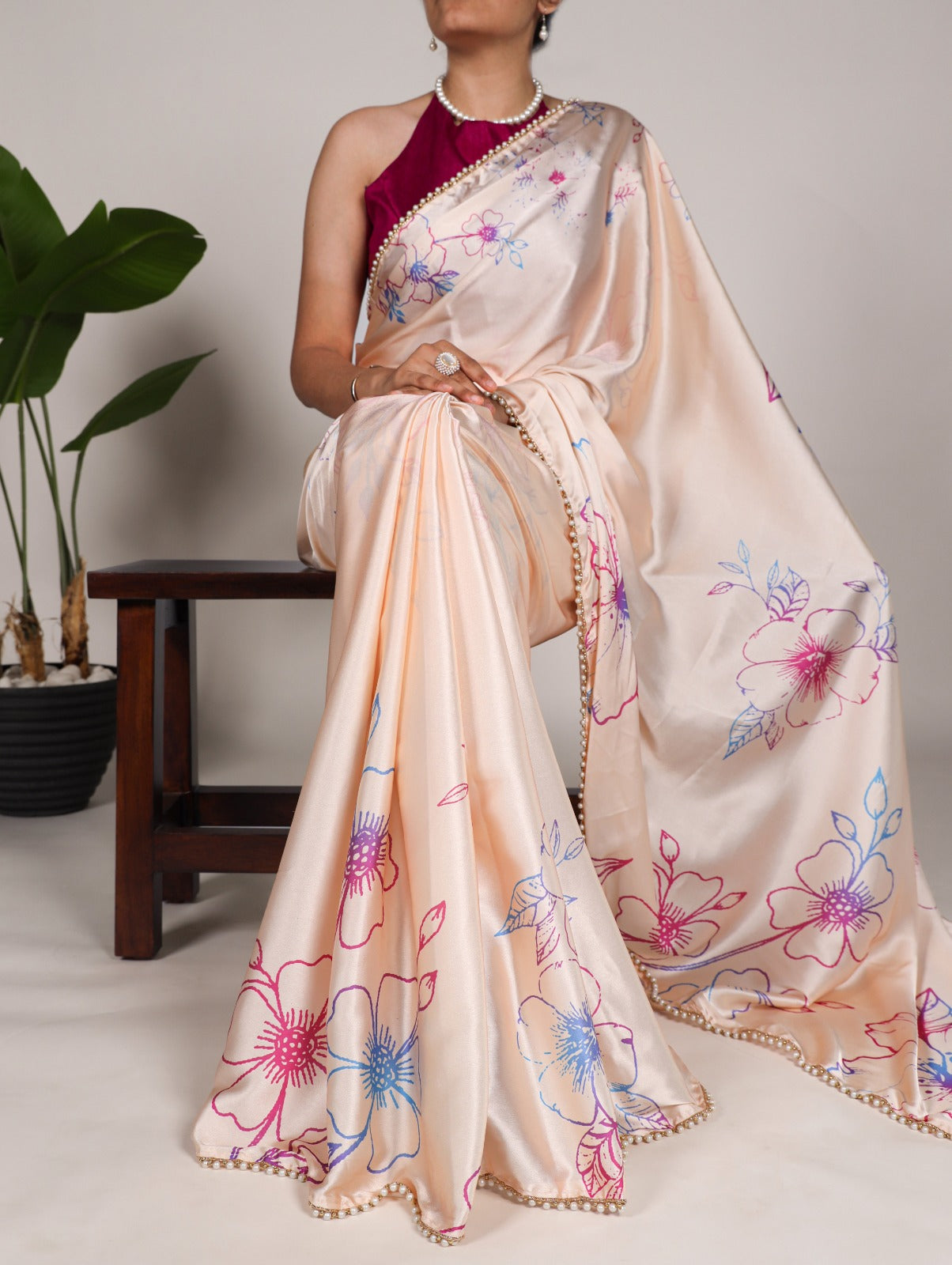 Radiant Peach Satin Silk Floral Printed Pearl Lace Border Saree - INDIAN ELEGANCE