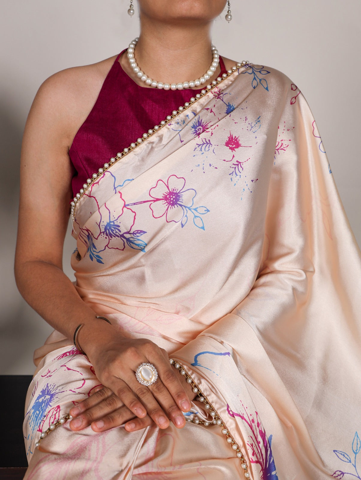 Radiant Peach Satin Silk Floral Printed Pearl Lace Border Saree - INDIAN ELEGANCE