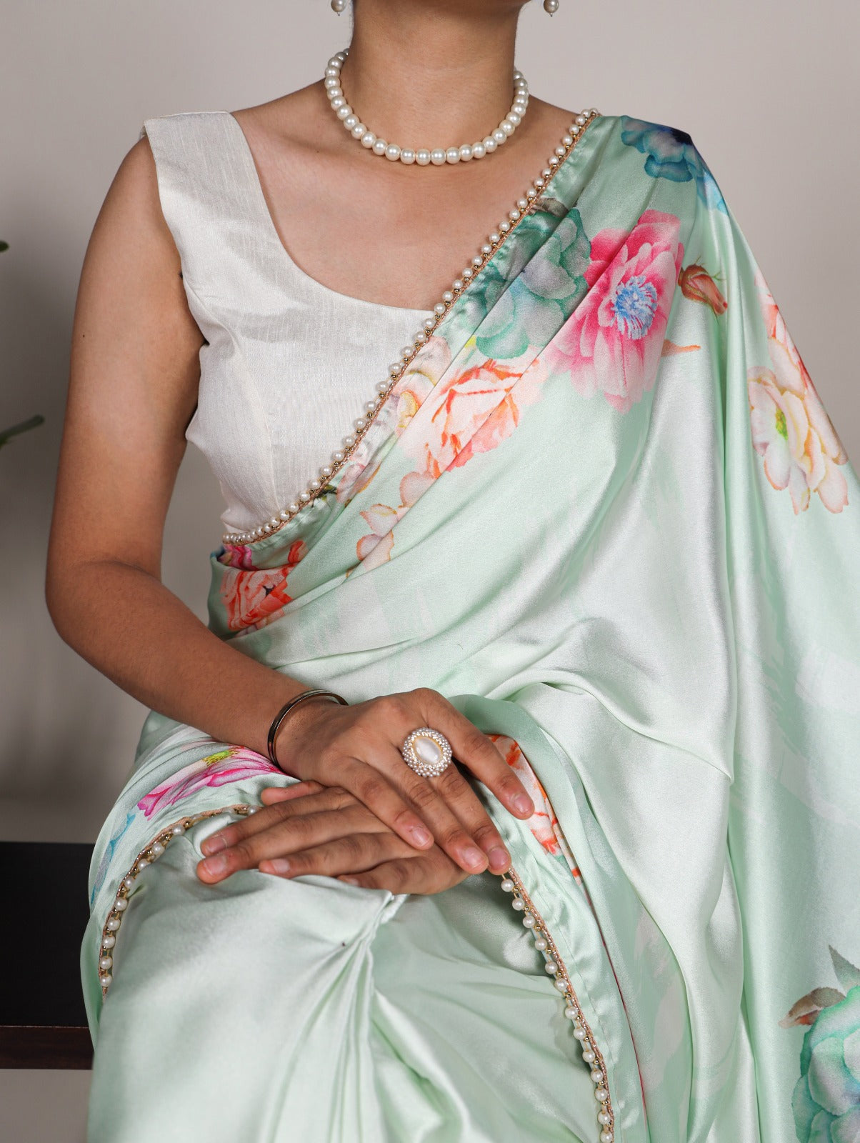 Mesmerizing Pista Green Satin Silk Floral Printed Pearl Lace Border Saree - INDIAN ELEGANCE