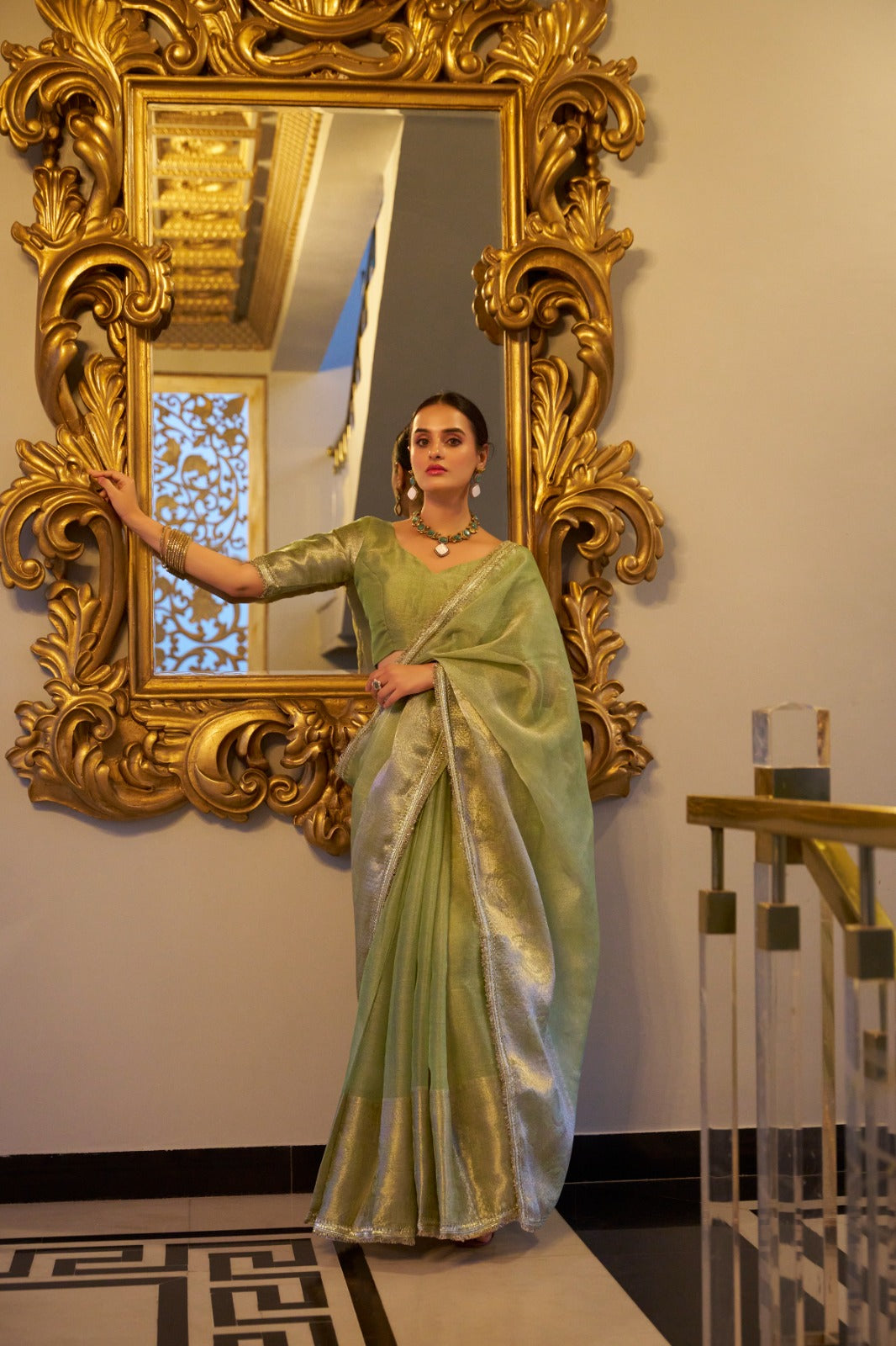 Elegant Tissue Shimmer Saree With Zari Weaving Work