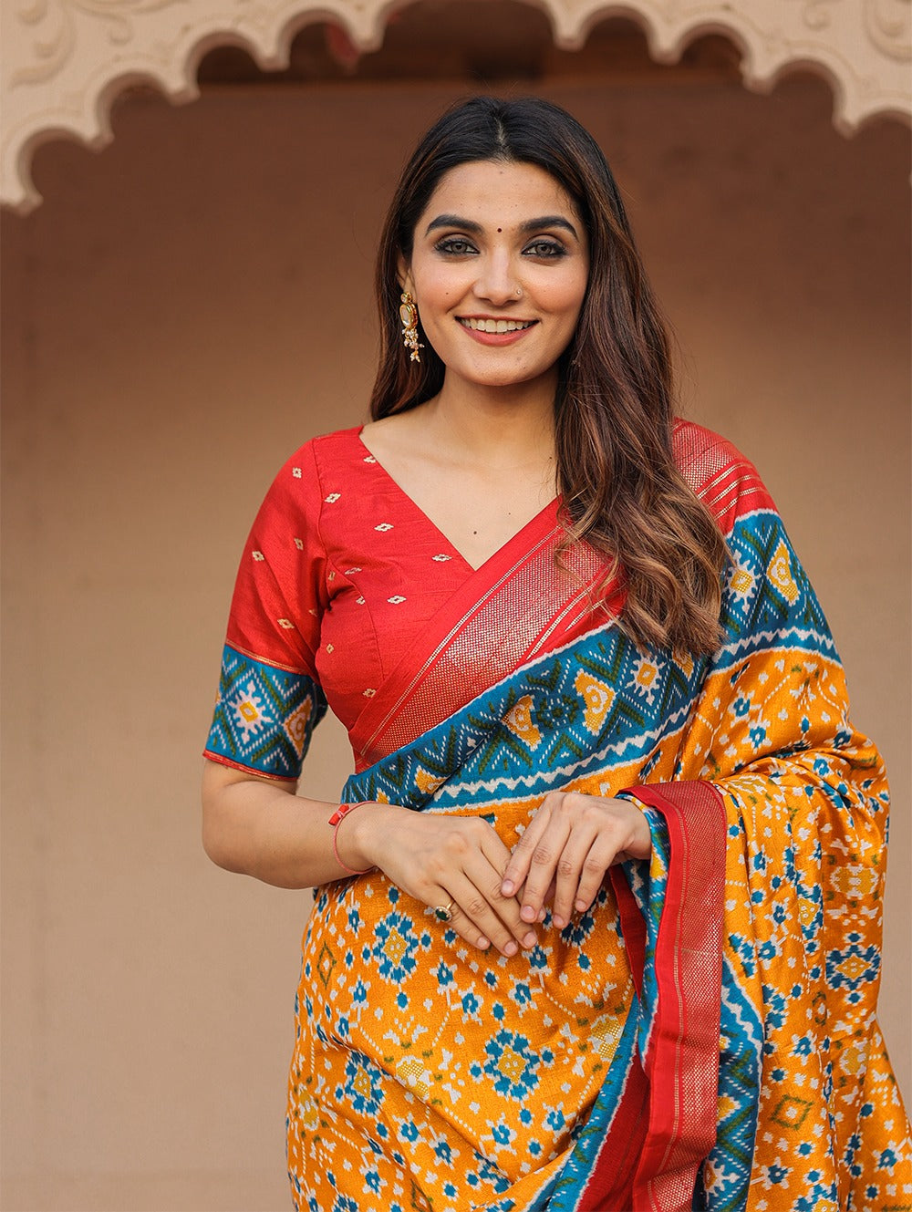 Sublime Mustard Patola Printed Mustard Dola Silk Saree - INDIAN ELEGANCE