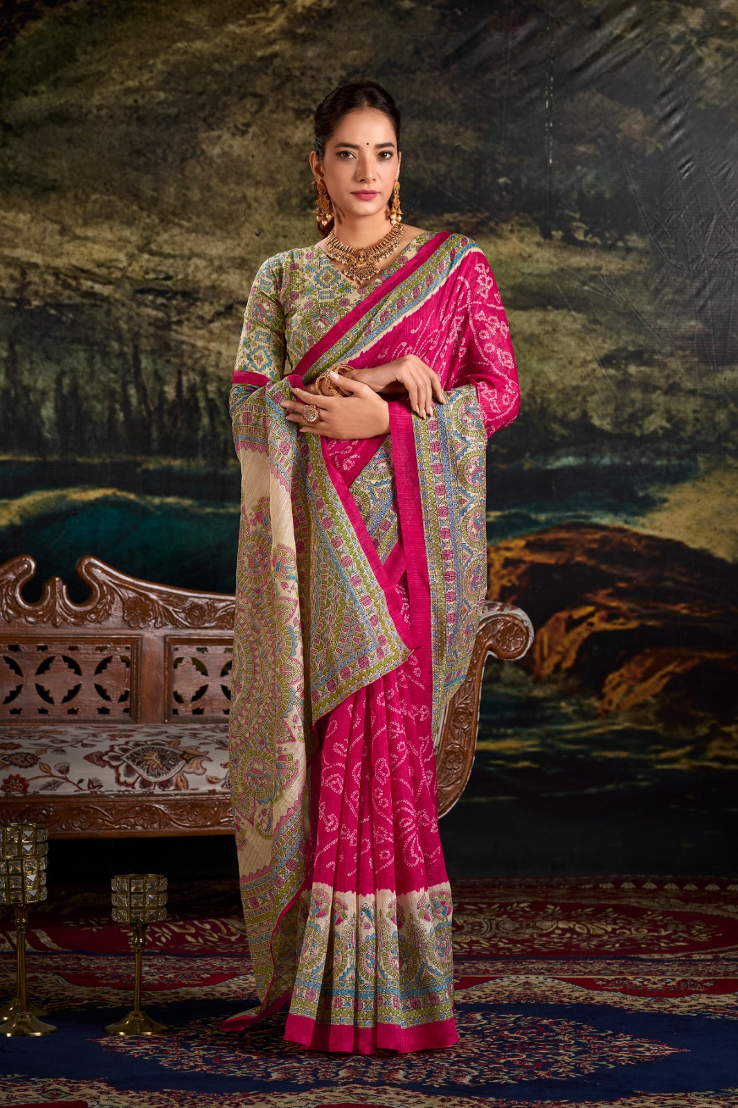 Magnificent Silk Fusion Madhubani Bandhej Printed Saree - INDIAN ELEGANCE