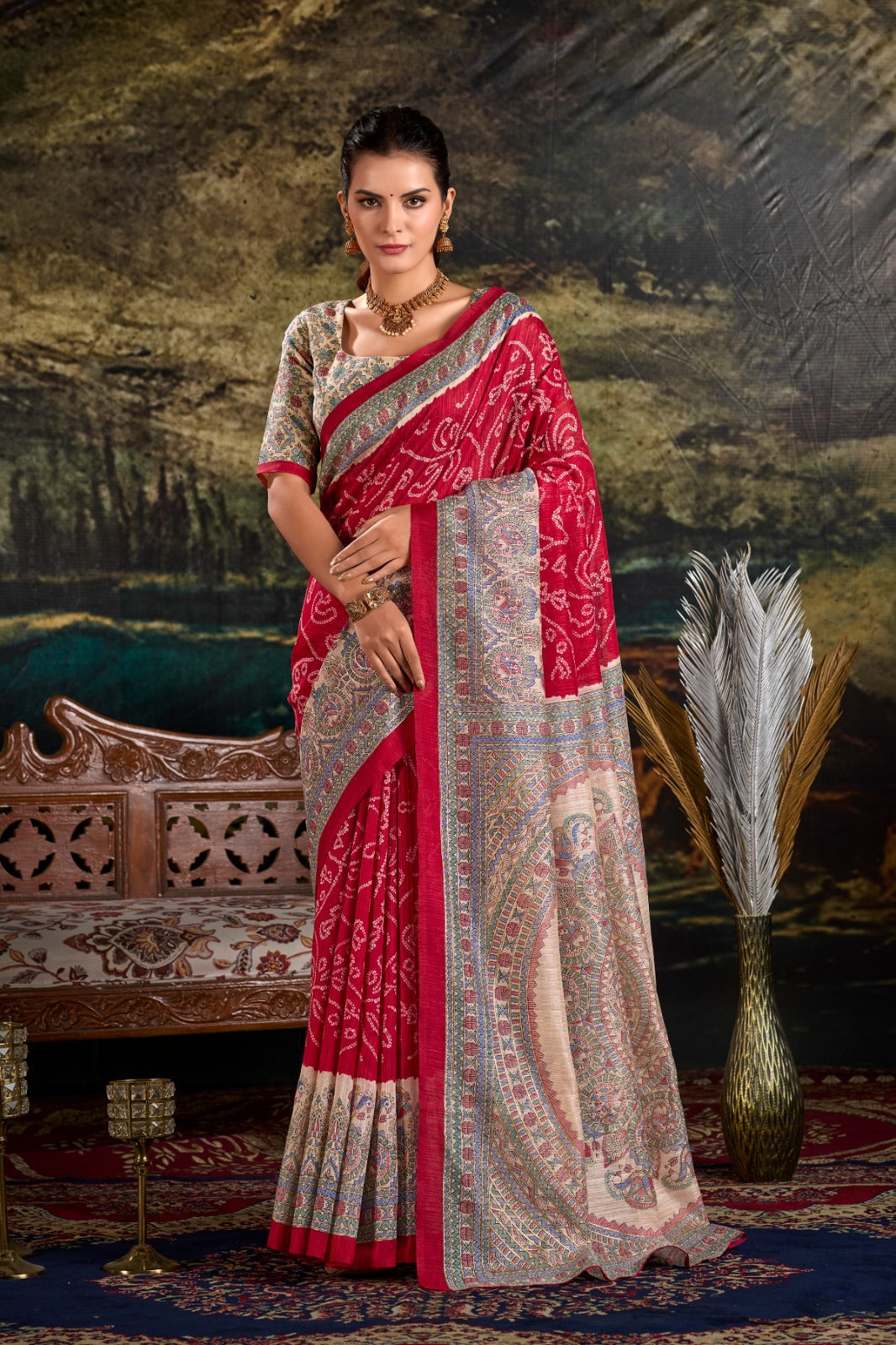 Magnificent Silk Fusion Madhubani Bandhej Printed Saree - INDIAN ELEGANCE