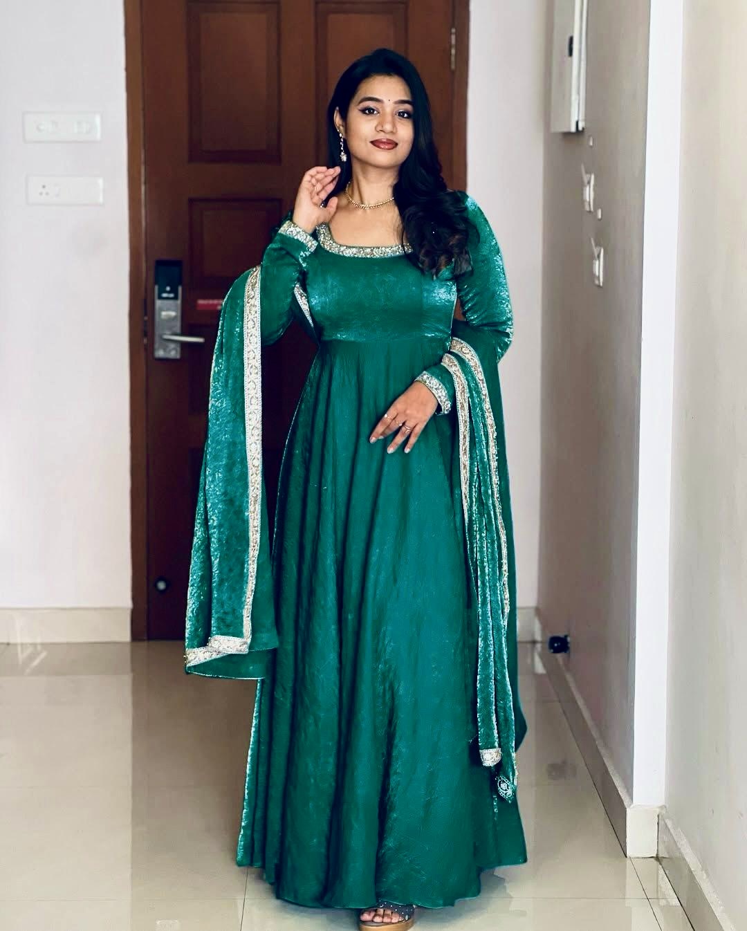Gorgeous Fendi Silk Sequins Embroidered Fully Stitched Anarkali With Dupatta