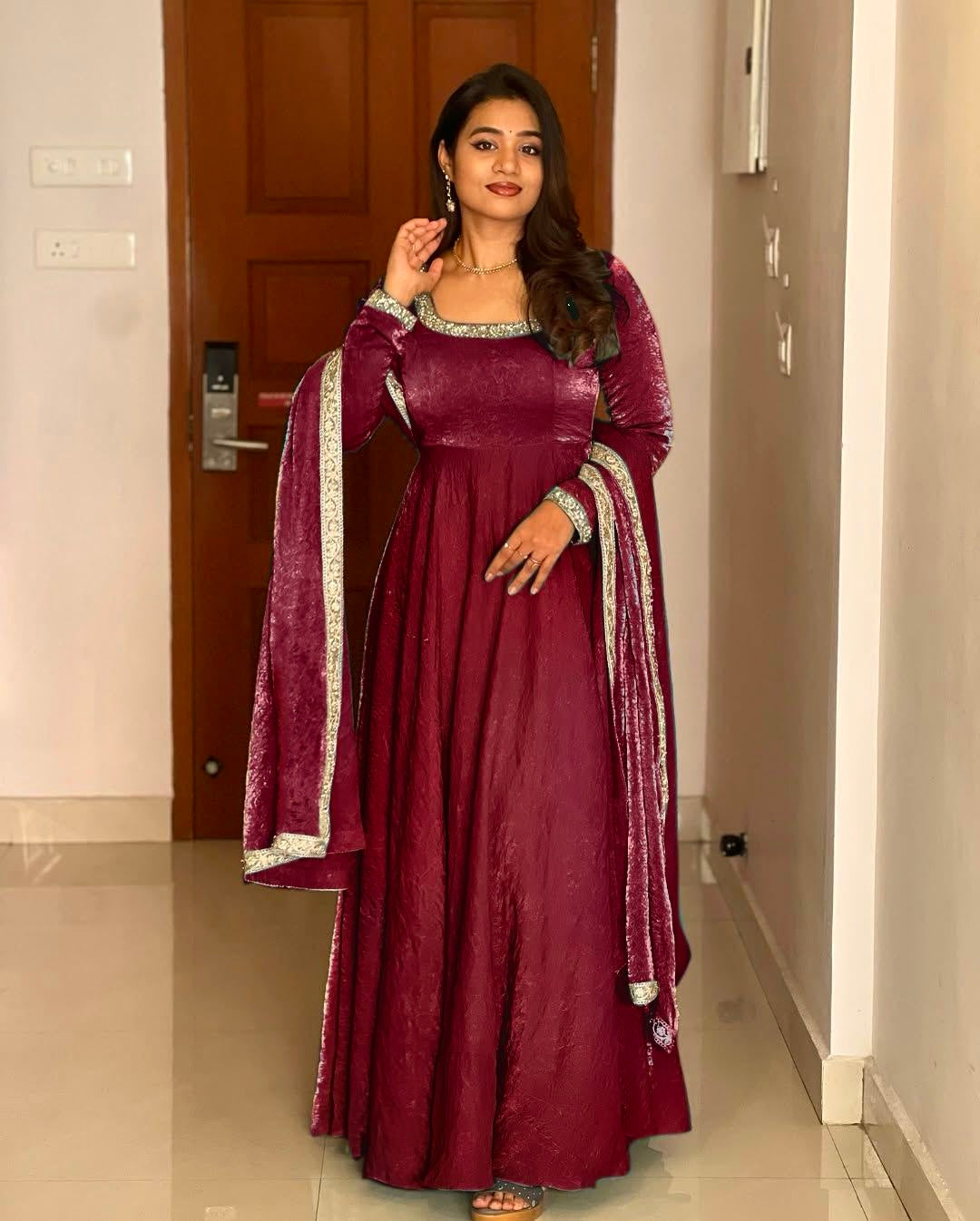 Gorgeous Fendi Silk Sequins Embroidered Fully Stitched Anarkali With Dupatta