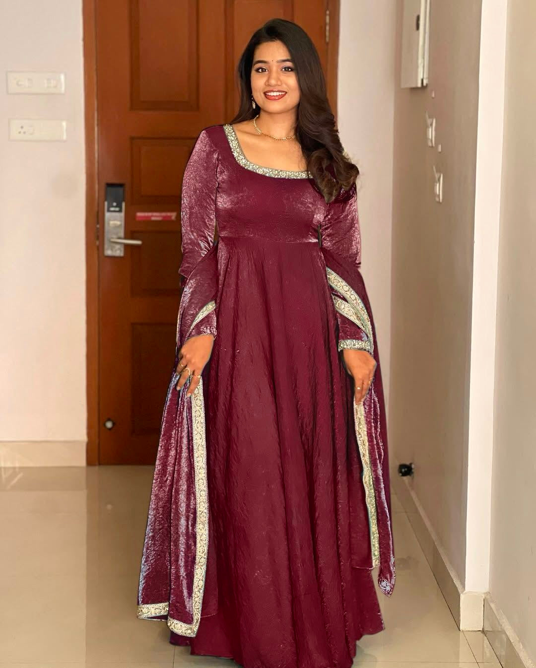 Gorgeous Fendi Silk Sequins Embroidered Fully Stitched Anarkali With Dupatta