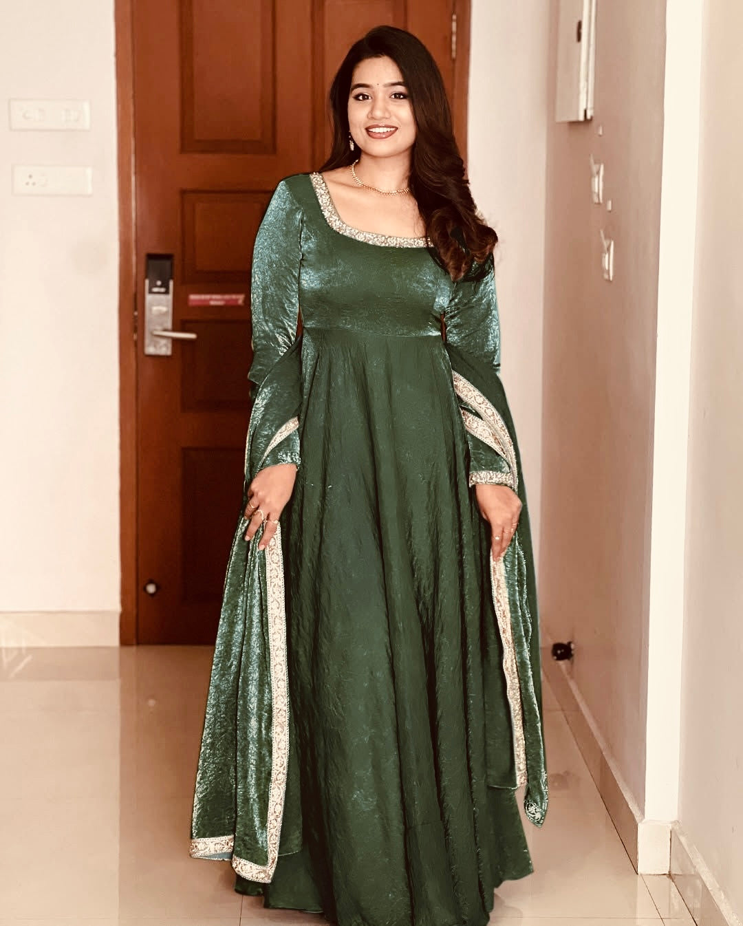 Gorgeous Fendi Silk Sequins Embroidered Fully Stitched Anarkali With Dupatta