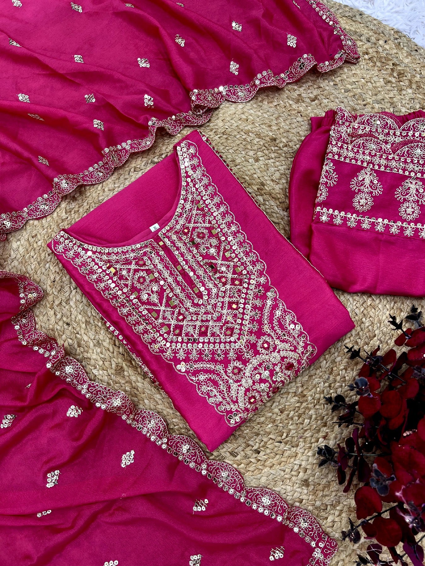 Spectacular Pink Chinon Silk Sequins Embroidered Straight Suit