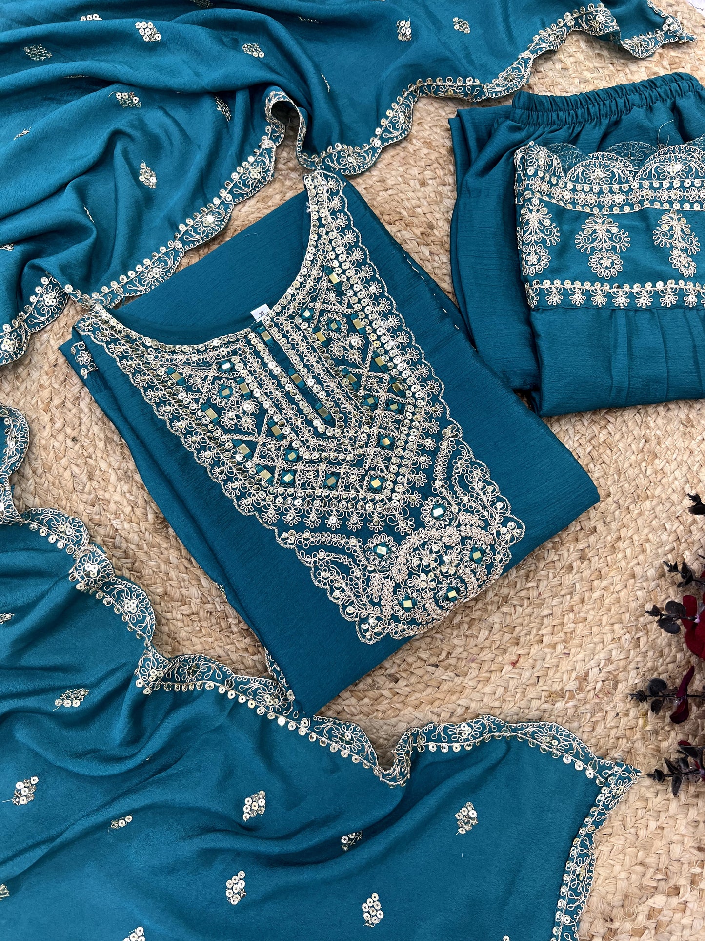 Enamoring Teal Blue Chinon Silk Sequins Embroidered Straight Suit
