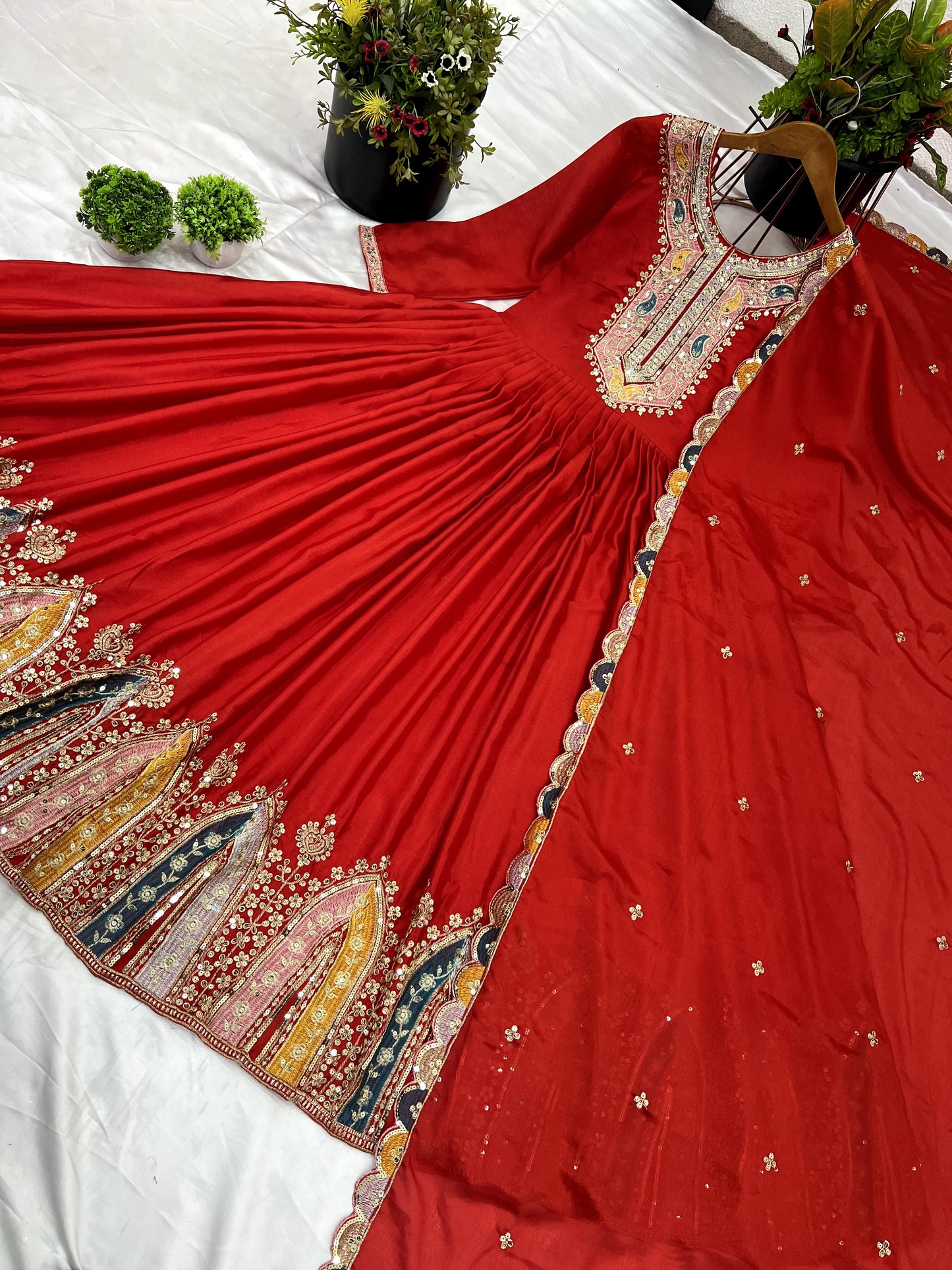 Graceful Embroidered Chinon Silk Fully Stitched Gown With Dupatta - INDIAN ELEGANCE