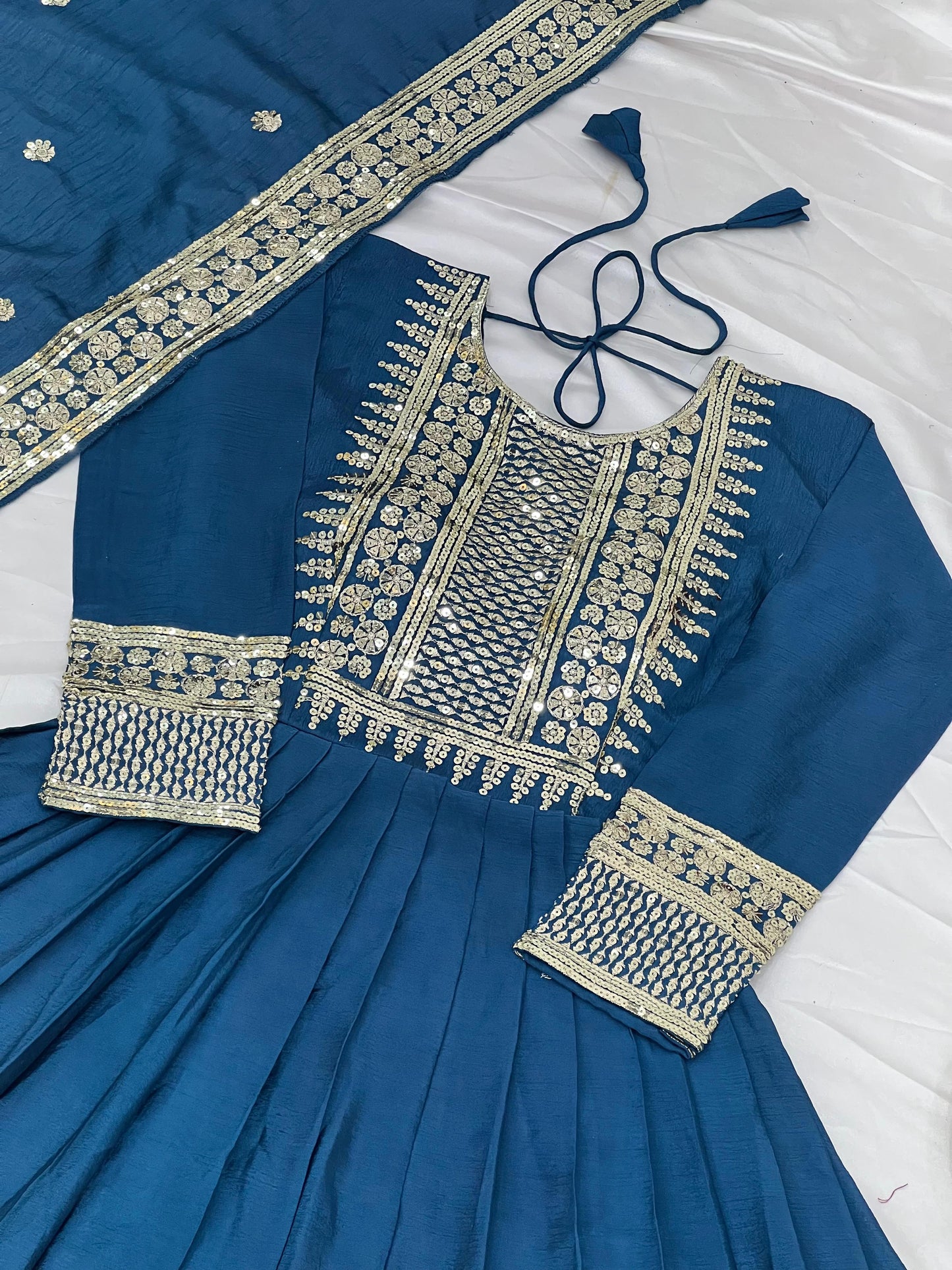Divine Rama Chinon Silk Sequins Embroidered Gown With Dupatta - INDIAN ELEGANCE