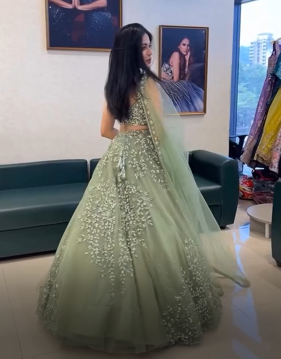 Soft Net Pista Green Color Lehenga Choli Set