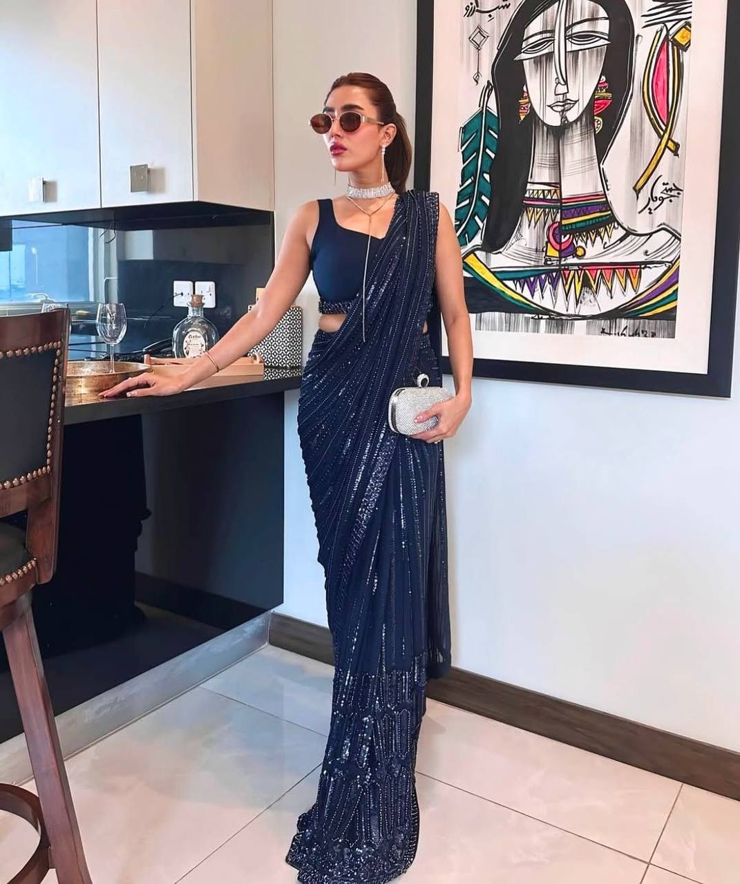 Wedding Party Wear Navy Blue Sequin Net Saree For Women