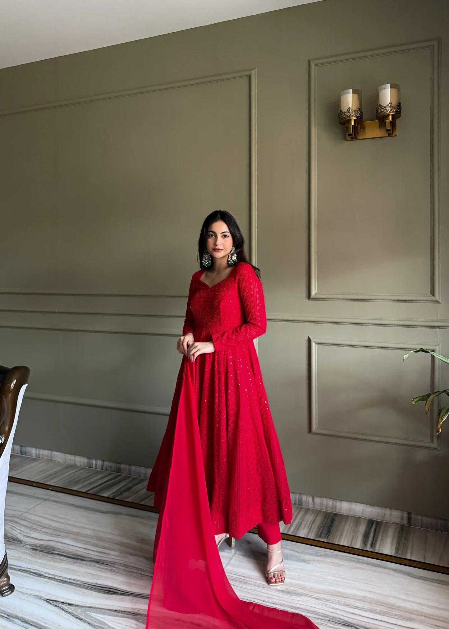Designer Red Lucknowi Embroidered Anarkali Gown Set with Ruffle Dupatta | Wedding & Party Wear