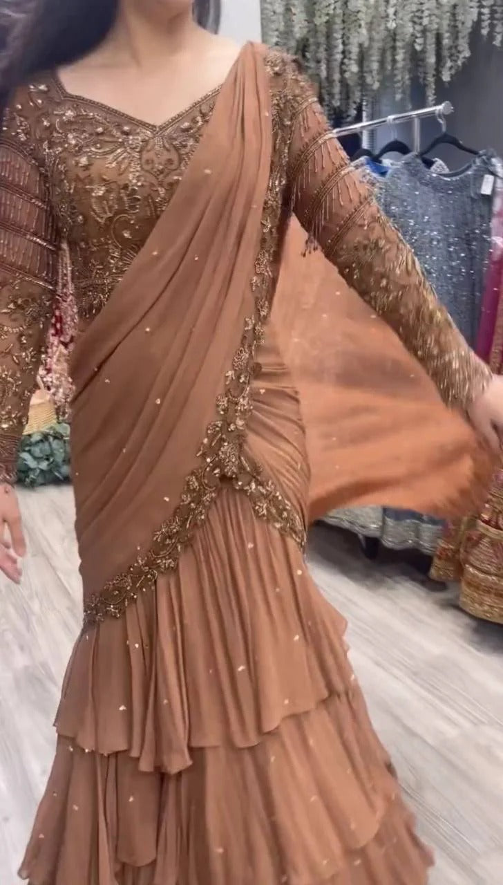 Dusty Brown Ready To Wear Lehenga Saree With Thread & Sequence Work For Wedding, Reception & Party Wear