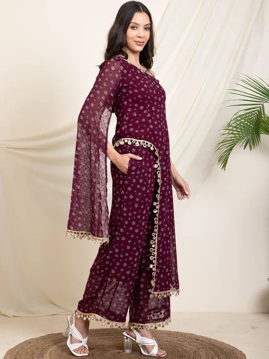 Modern Party & Festive Wear Maroon One-Shoulder Printed Kurti Palazzo Set for Women