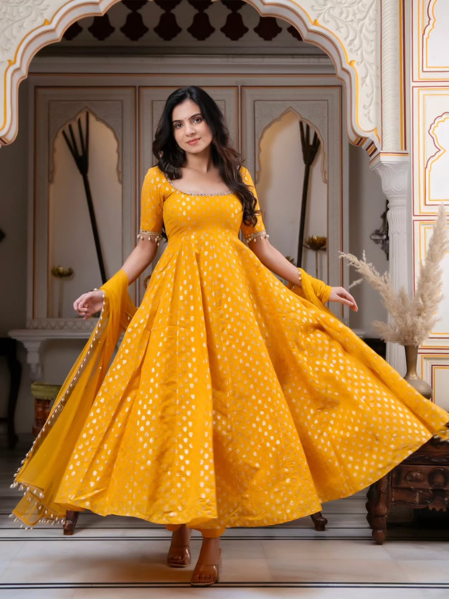 Festive & Wedding Wear Marigold Yellow Banarasi Anarkali Suit Set for woman