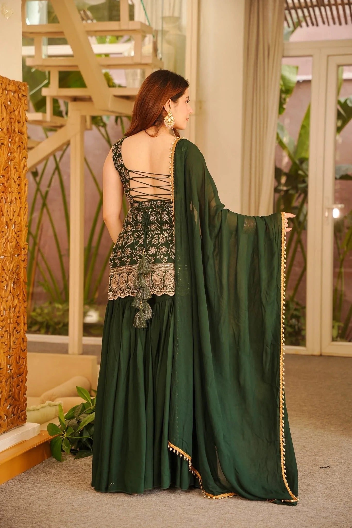 Emerald Green Embroidered Sharara Suit Set With Faux Georgette Dupatta For Wedding & Festive Wear