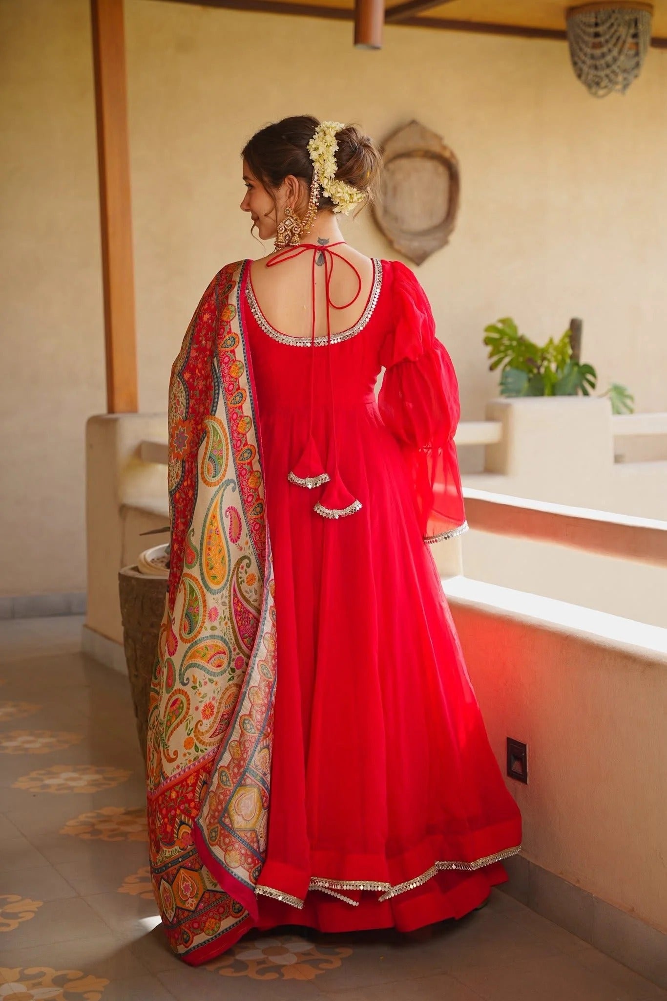 Red Tabby Silk Anarkali Suit Set | Mirror Lace | Digital Printed Dupatta | Palazzo | Women's Party Wear