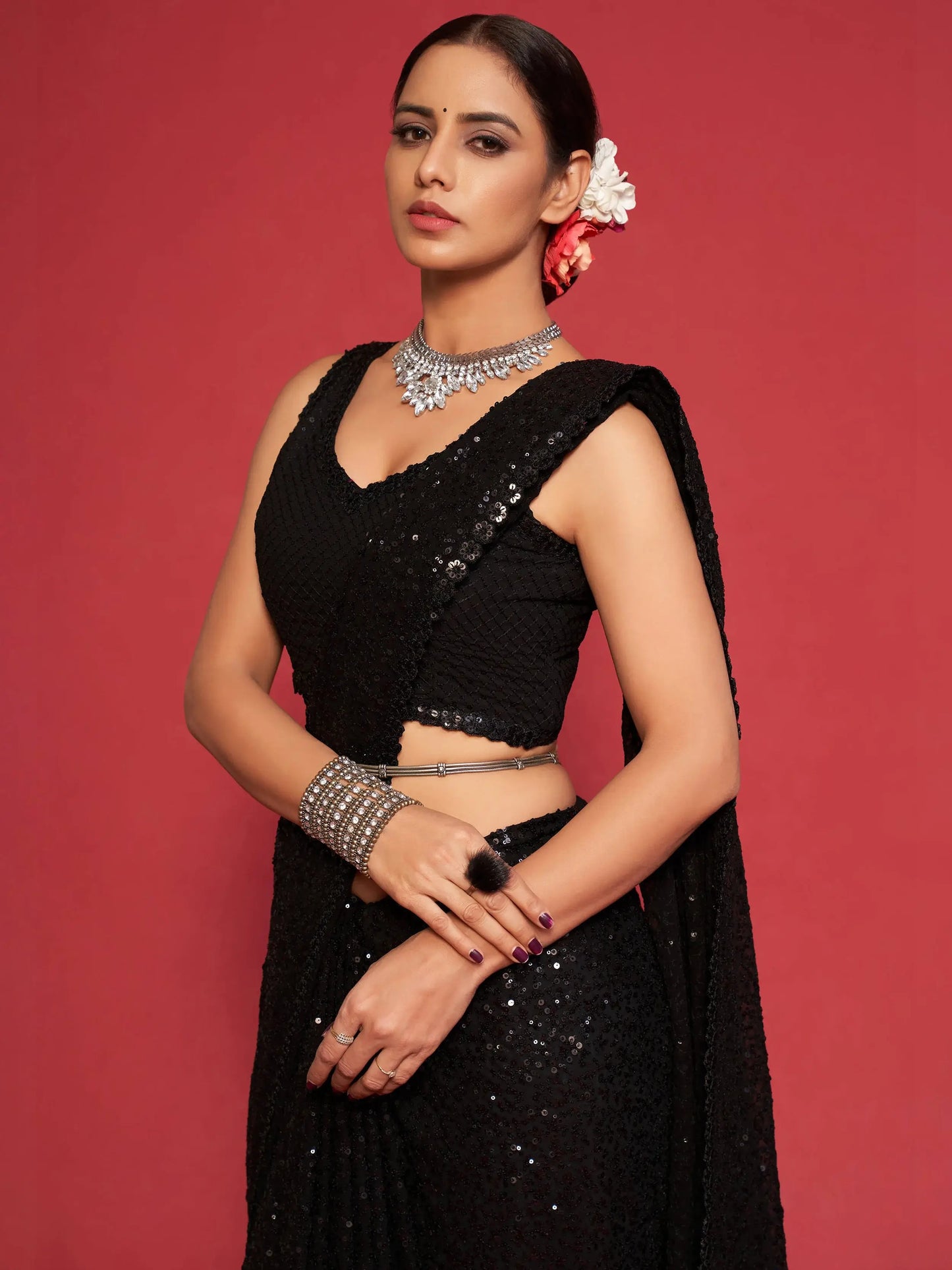 Black Sequined Georgette Party Wear Saree